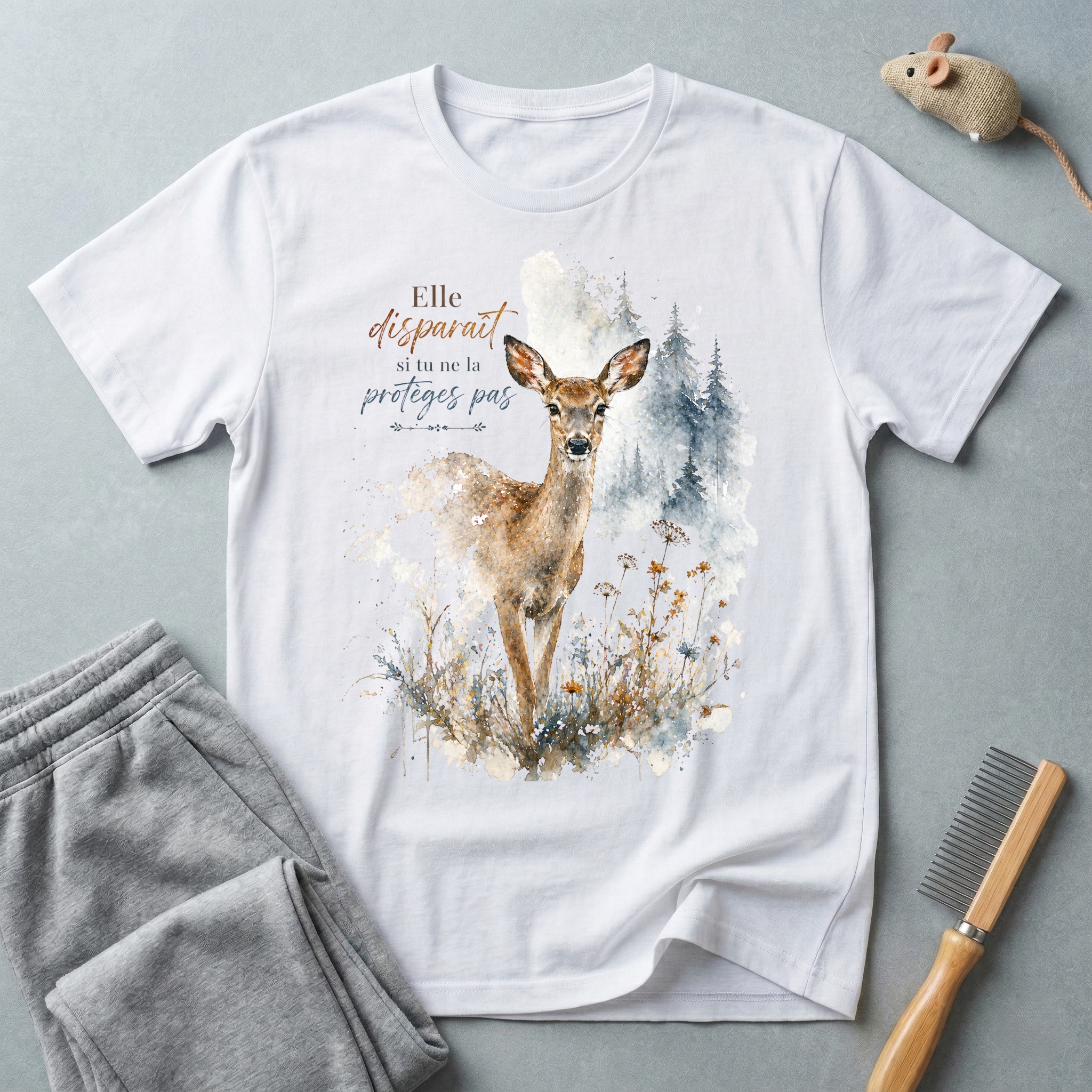 T-shirt aquarelle cerf des bois — «Elle disparaît si tu ne la protèges pas»