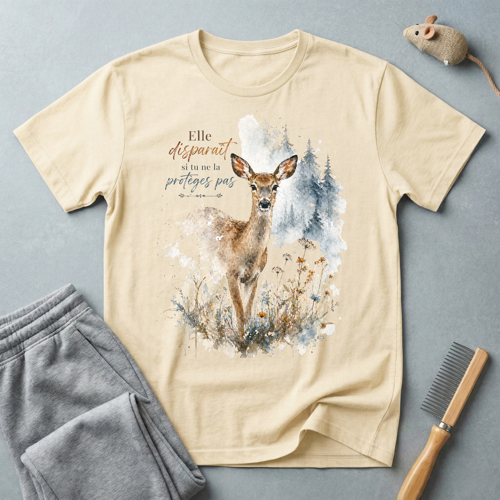 T-shirt aquarelle cerf des bois — «Elle disparaît si tu ne la protèges pas»