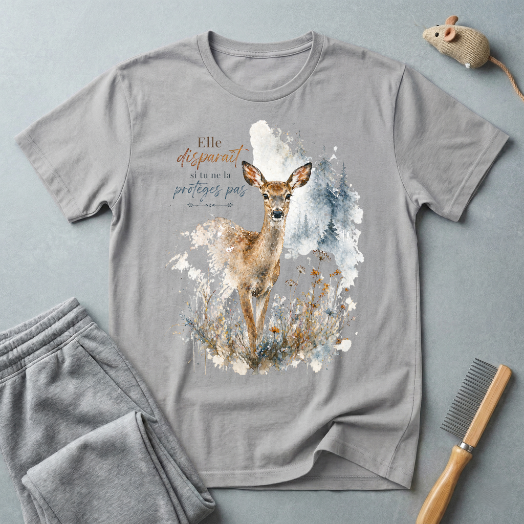 T-shirt aquarelle cerf des bois — «Elle disparaît si tu ne la protèges pas»