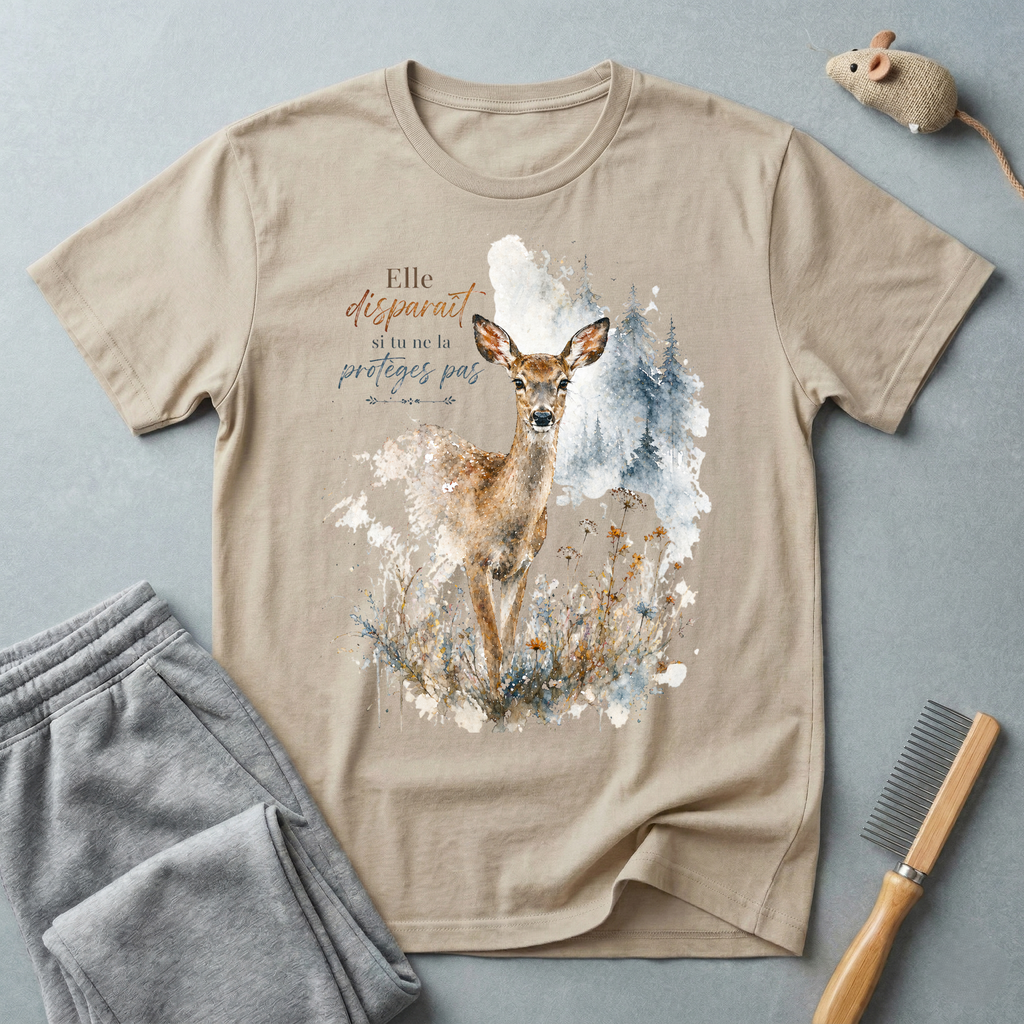 T-shirt aquarelle cerf des bois — «Elle disparaît si tu ne la protèges pas»