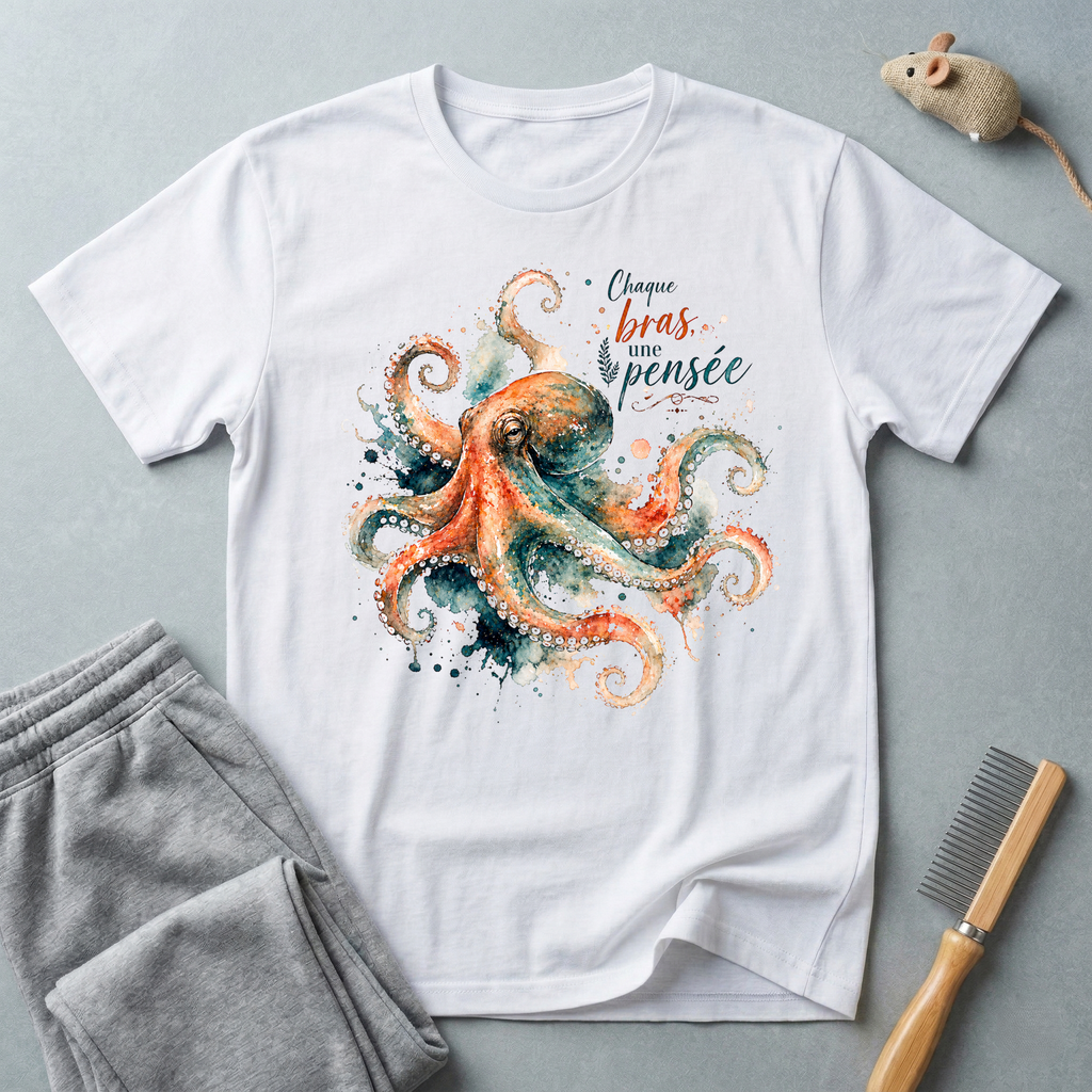 T-shirt aquarelle poulpe — «Chaque bras, une pensée»