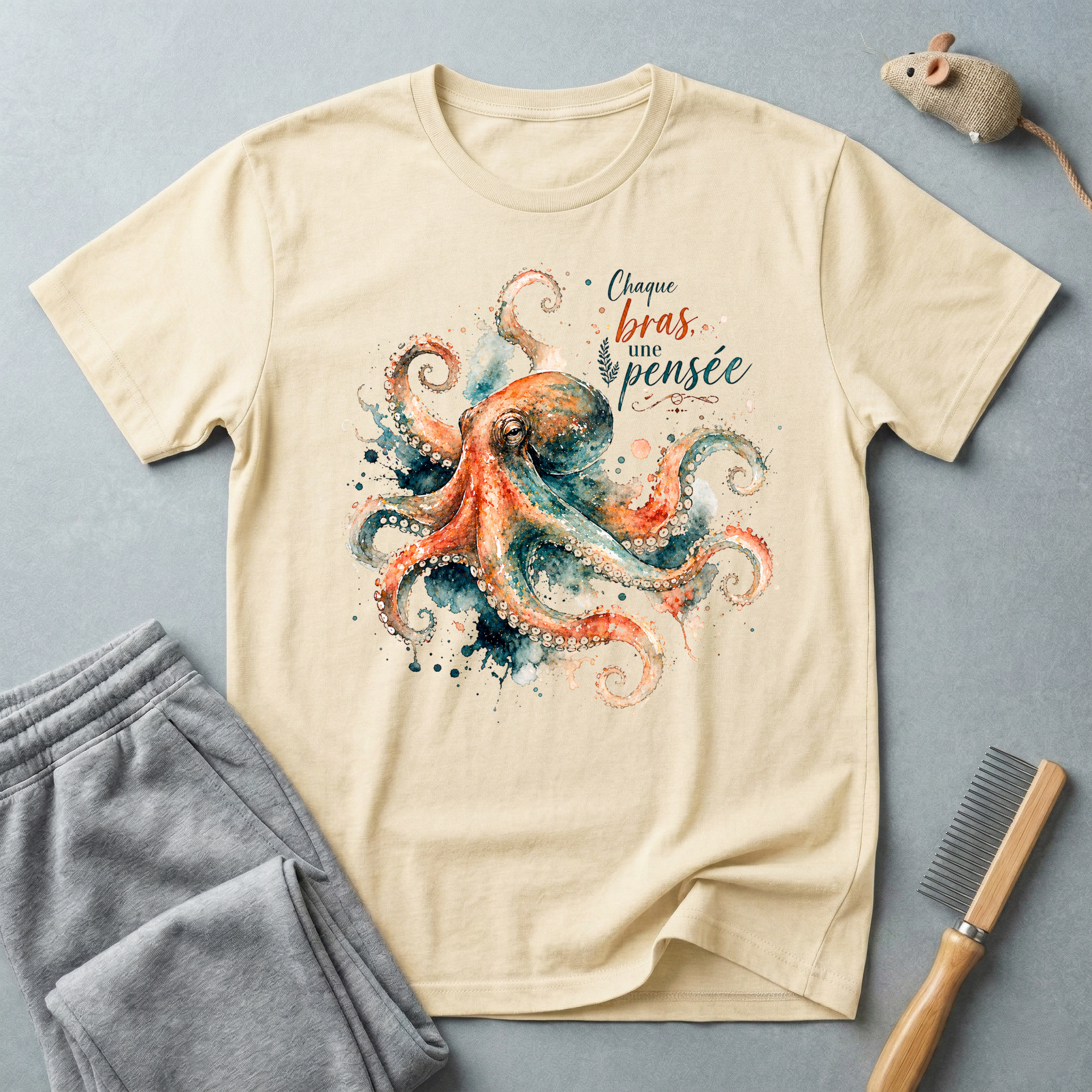 T-shirt aquarelle poulpe — «Chaque bras, une pensée»