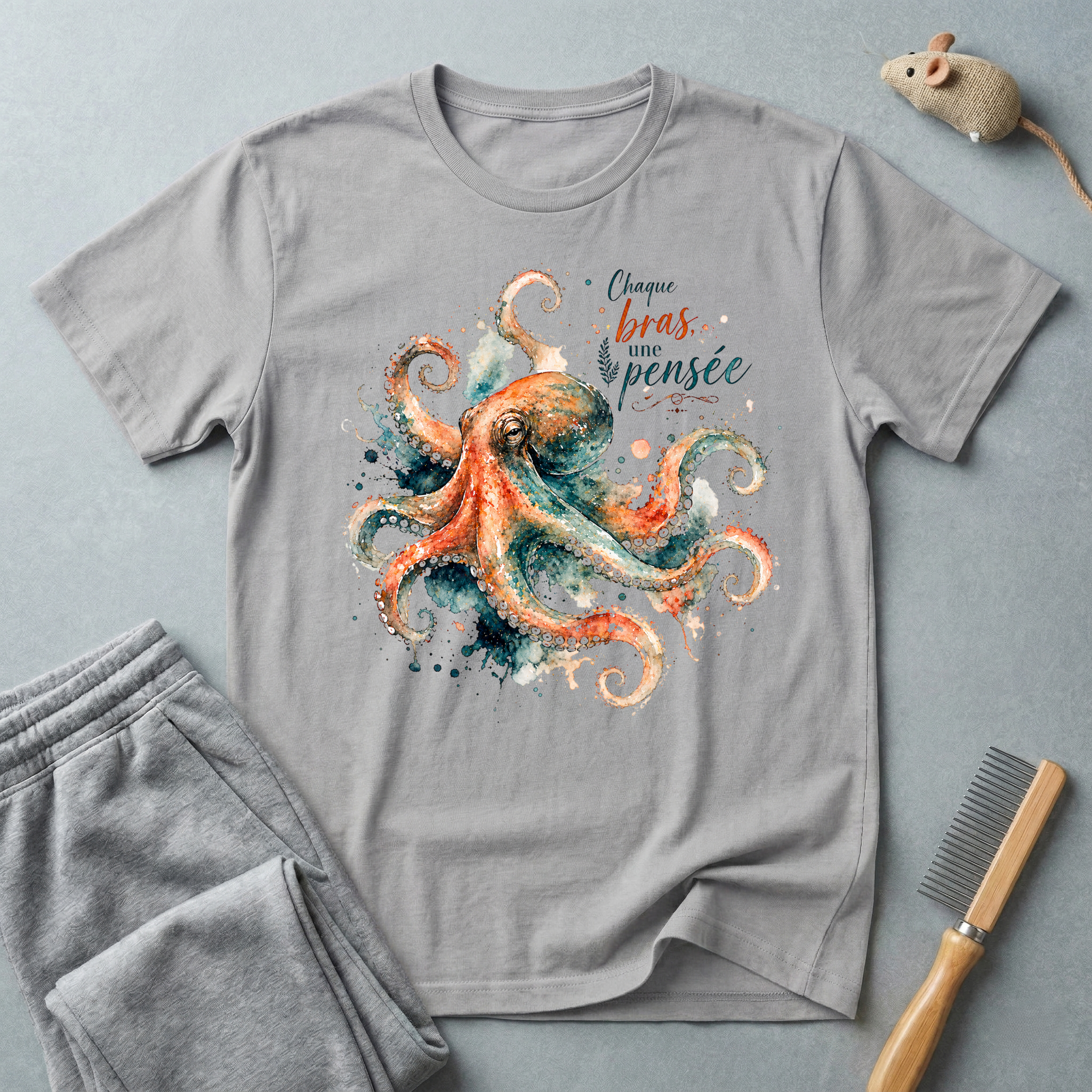 T-shirt aquarelle poulpe — «Chaque bras, une pensée»