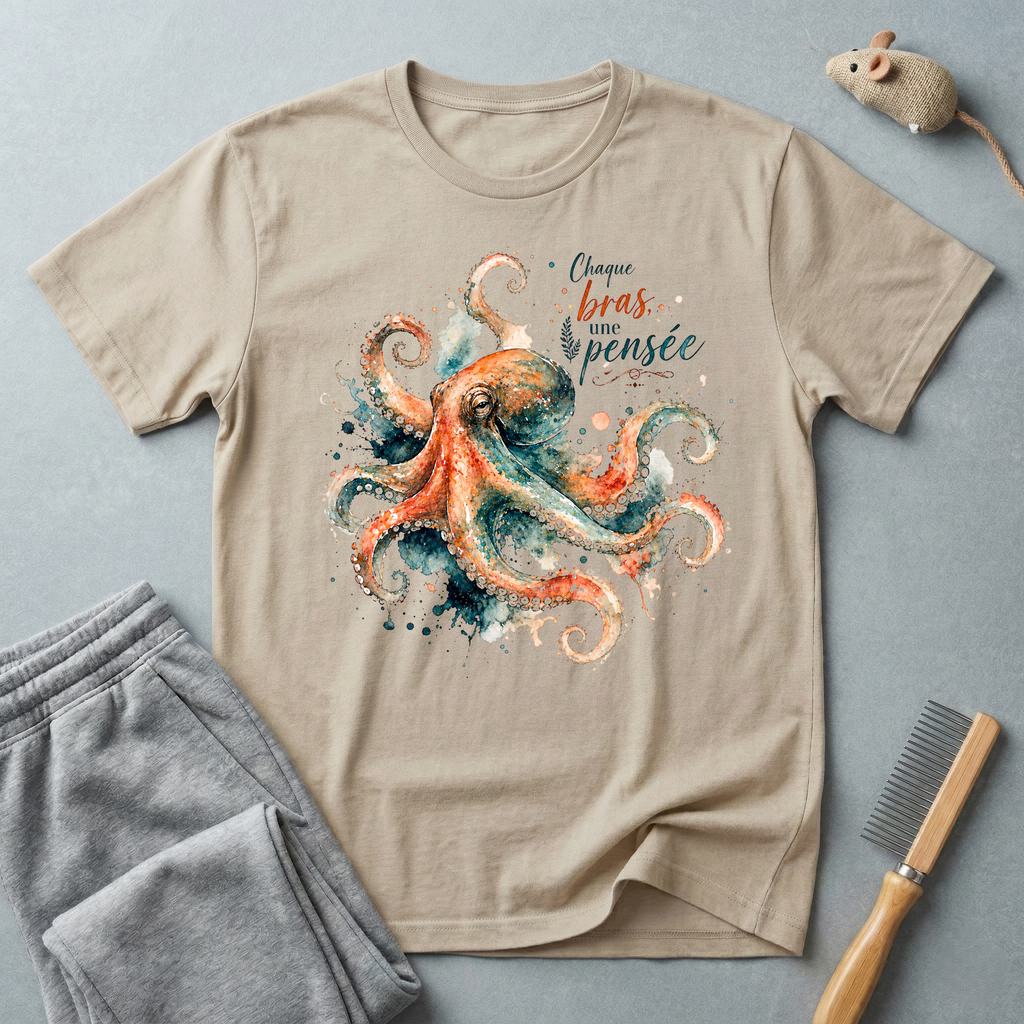 T-shirt aquarelle poulpe — «Chaque bras, une pensée»