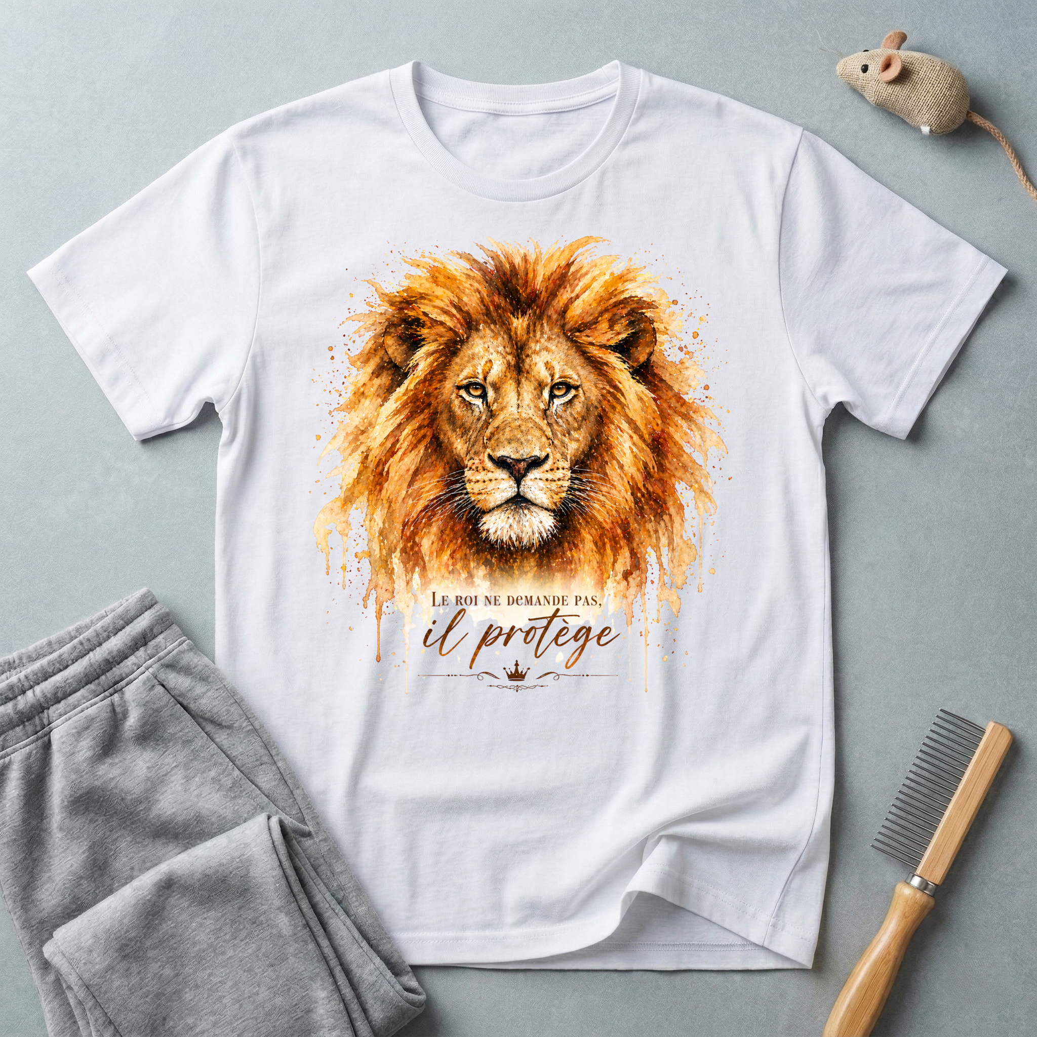 T-shirt portrait de lion aquarelle — «Le roi ne demande pas, il protège»