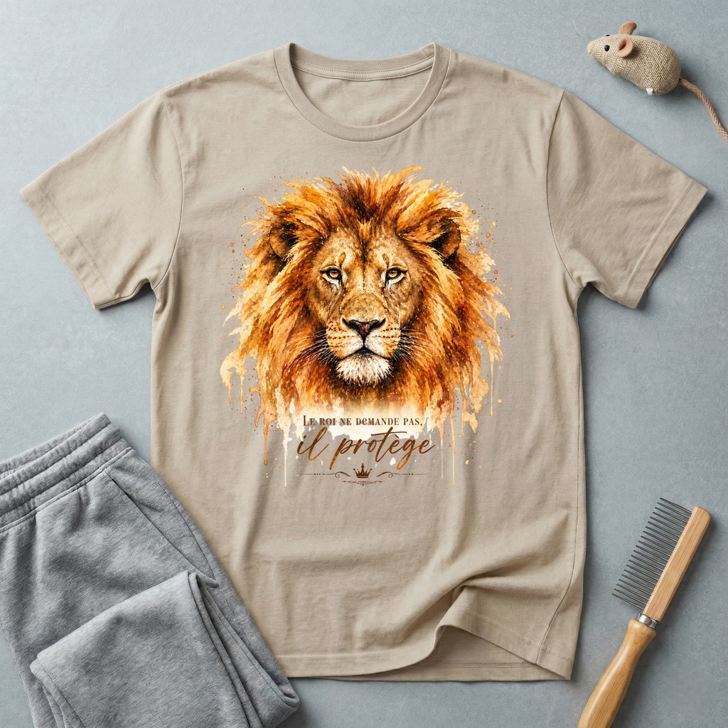 T-shirt portrait de lion aquarelle — «Le roi ne demande pas, il protège»