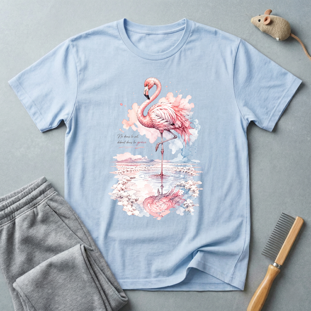 T-shirt flamant rose aquarelle floral — «Né dans le sel, debout dans la grâce»