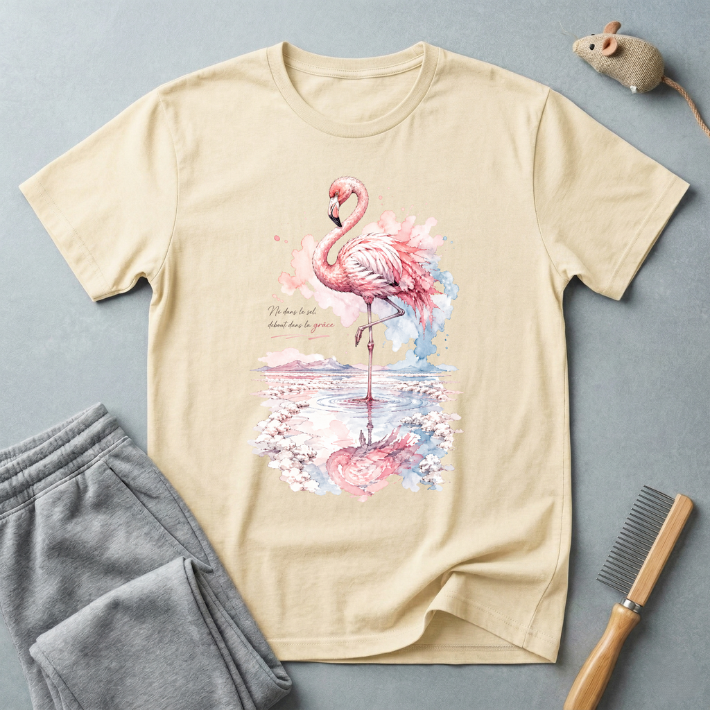 T-shirt flamant rose aquarelle floral — «Né dans le sel, debout dans la grâce»
