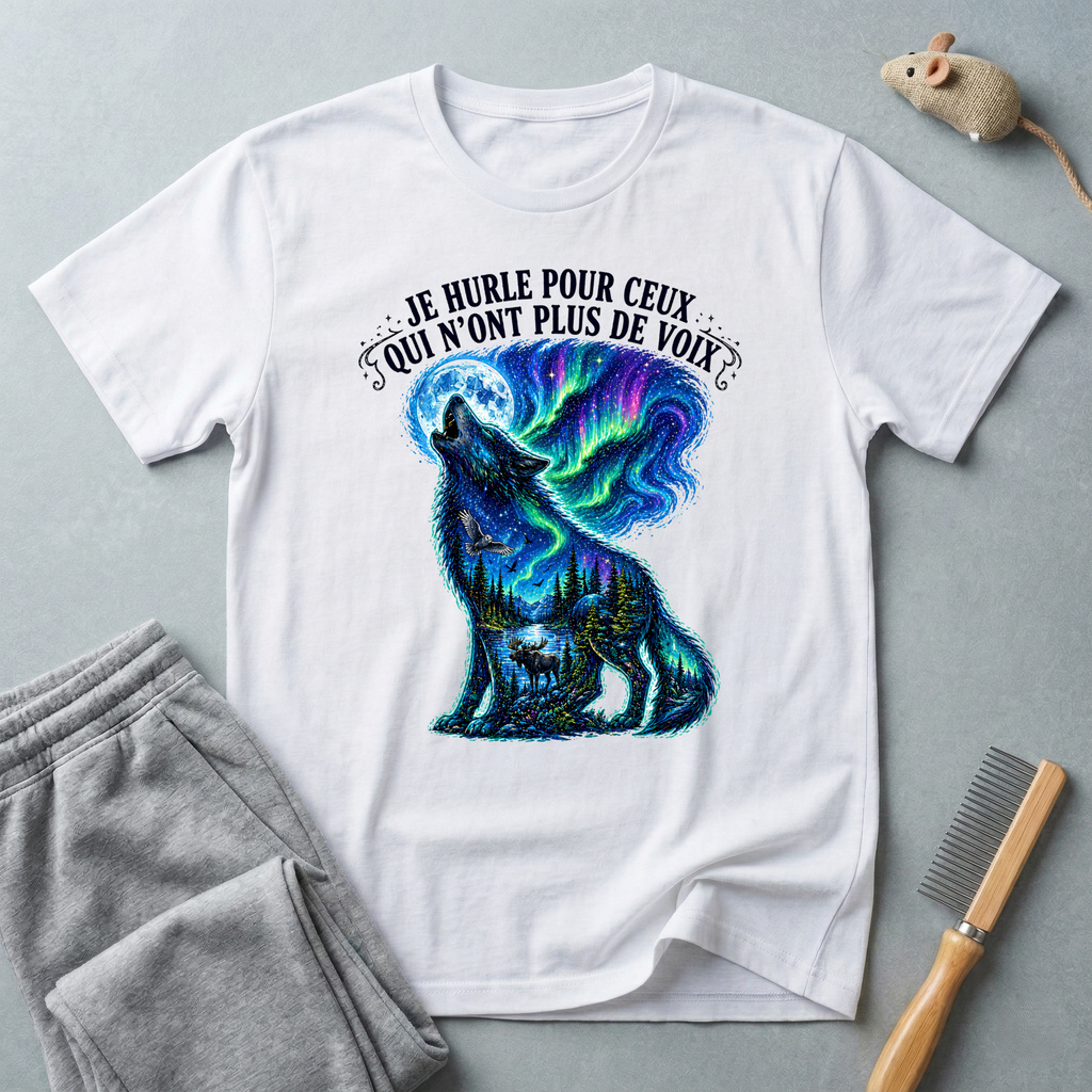 T-shirt «Je hurle pour ceux qui n'ont plus de voix» — Graphique loup aurores boréales