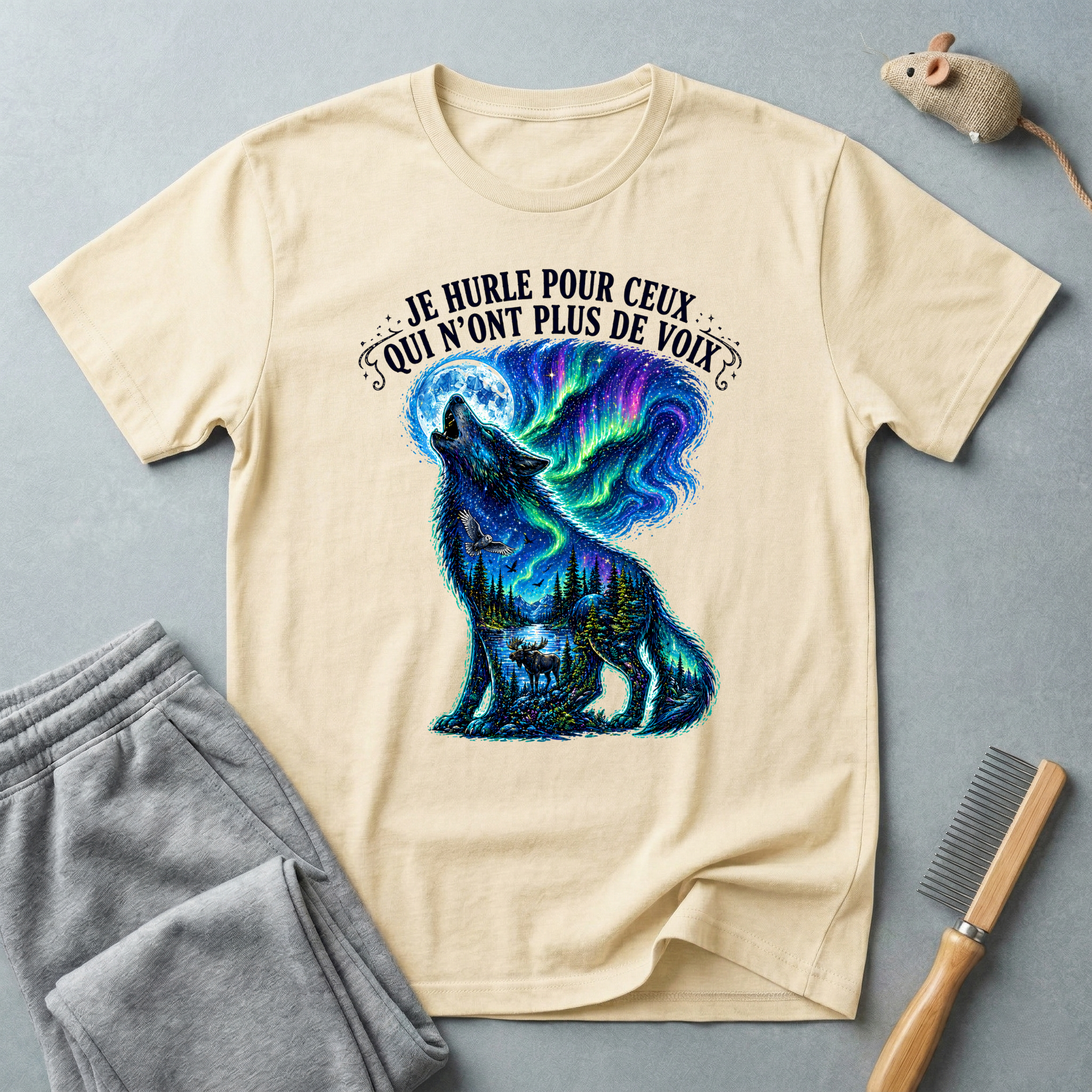 T-shirt «Je hurle pour ceux qui n'ont plus de voix» — Graphique loup aurores boréales