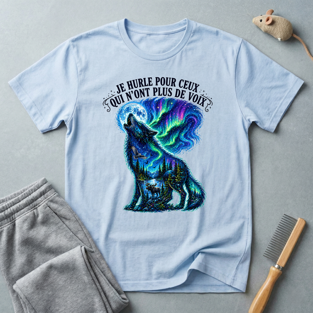 T-shirt «Je hurle pour ceux qui n'ont plus de voix» — Graphique loup aurores boréales