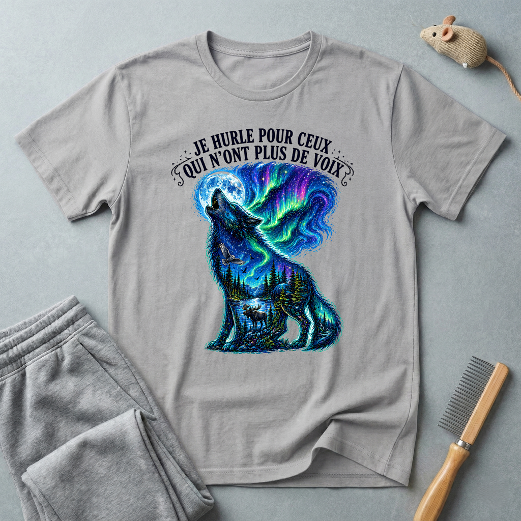 T-shirt «Je hurle pour ceux qui n'ont plus de voix» — Graphique loup aurores boréales