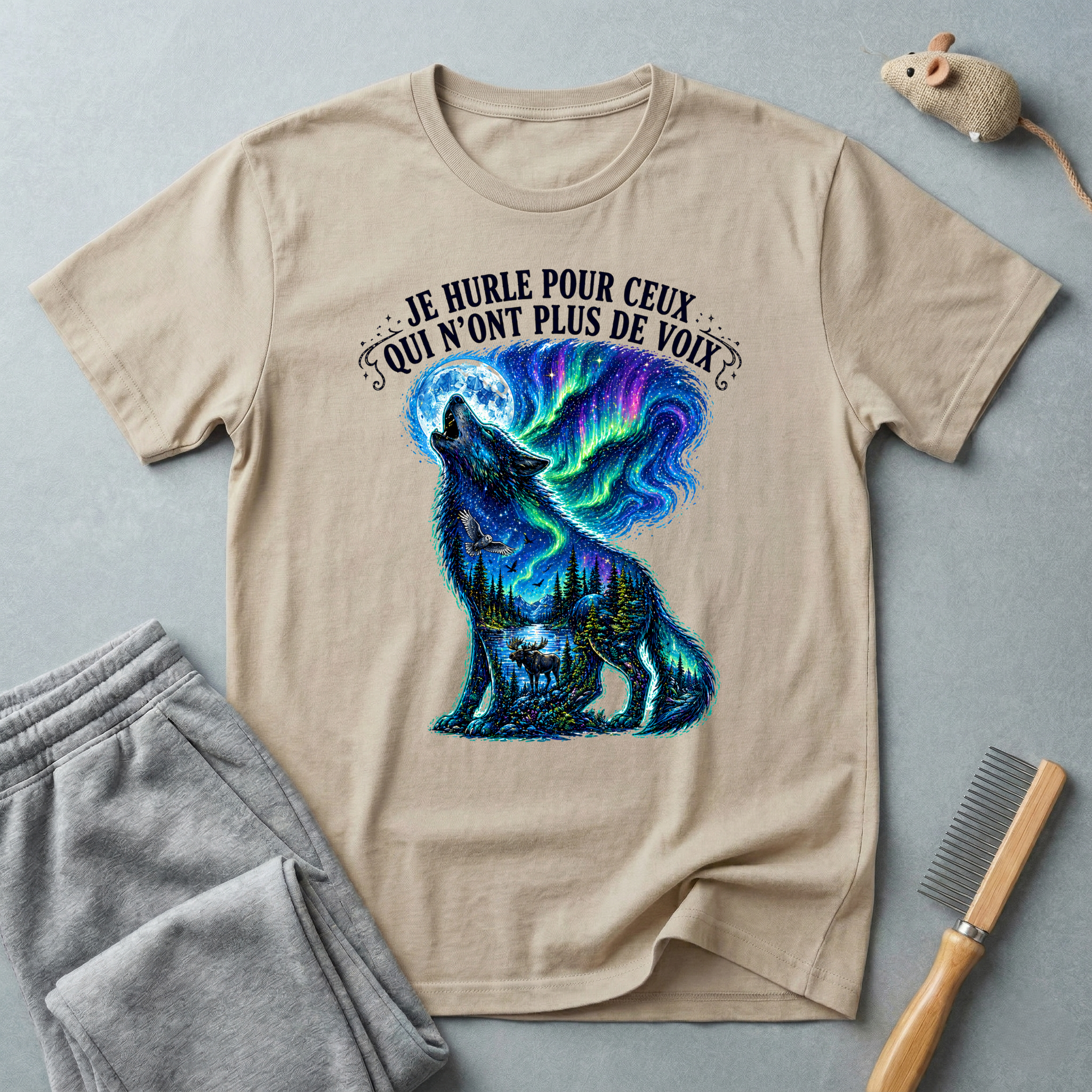 T-shirt «Je hurle pour ceux qui n'ont plus de voix» — Graphique loup aurores boréales