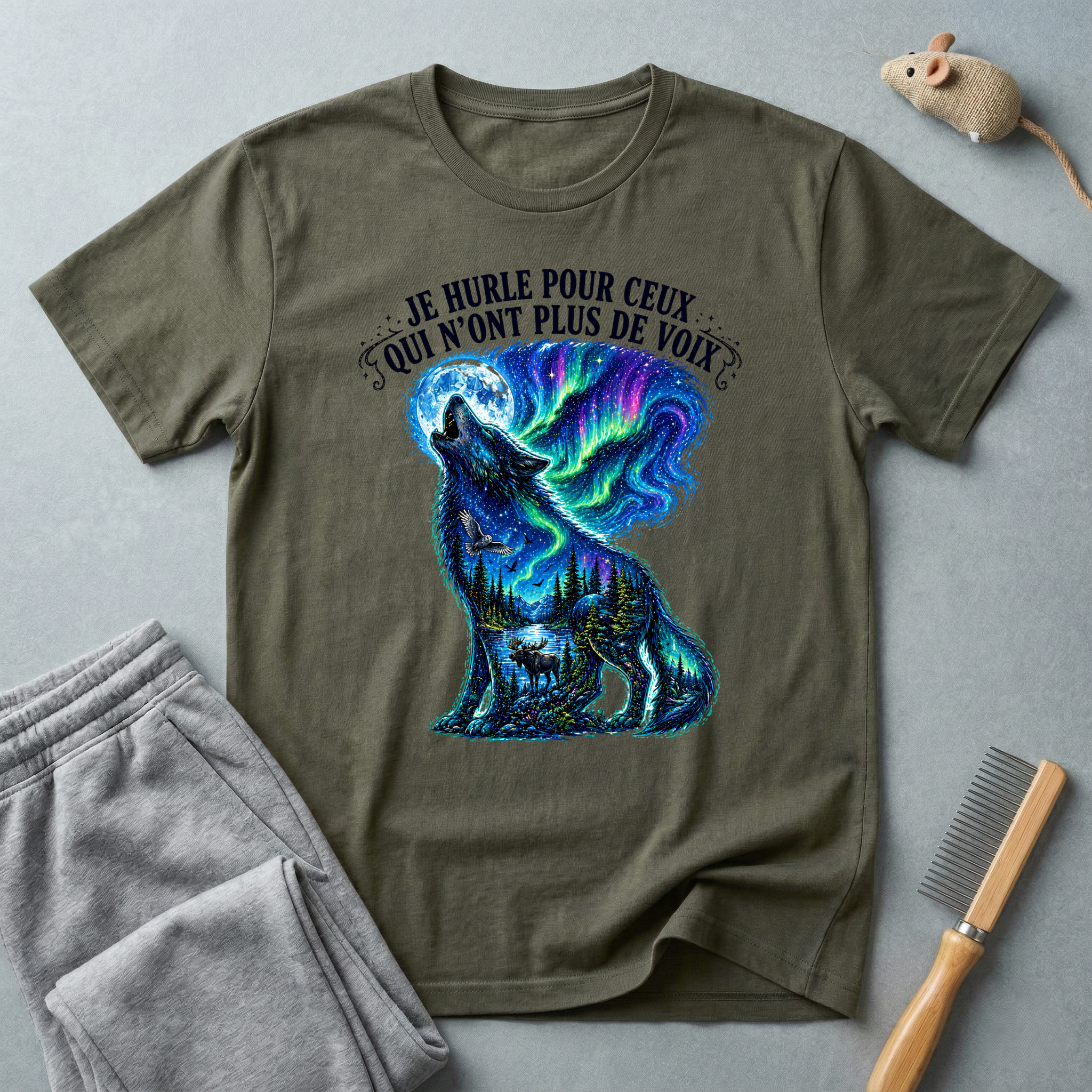 T-shirt «Je hurle pour ceux qui n'ont plus de voix» — Graphique loup aurores boréales