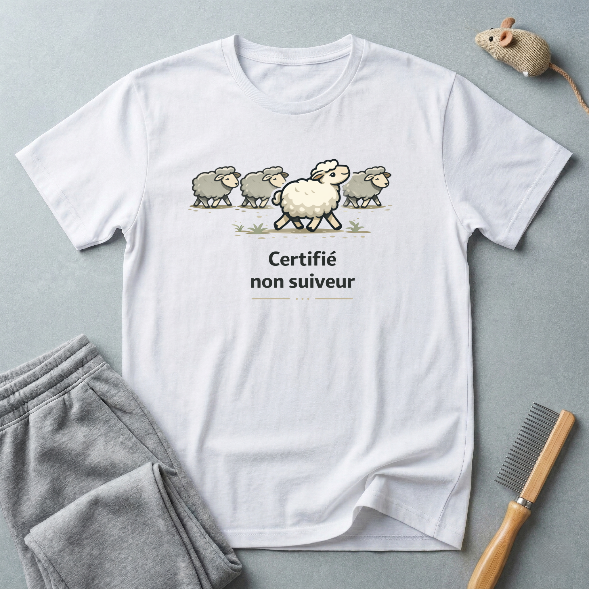 T-shirt illustration humoristique de moutons — «Certifié non suiveur»