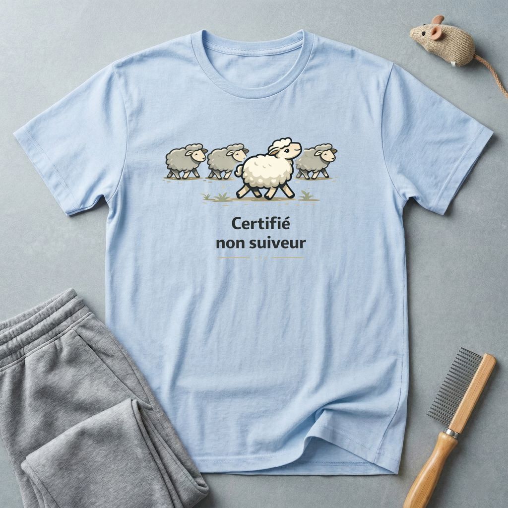 T-shirt illustration humoristique de moutons — «Certifié non suiveur»