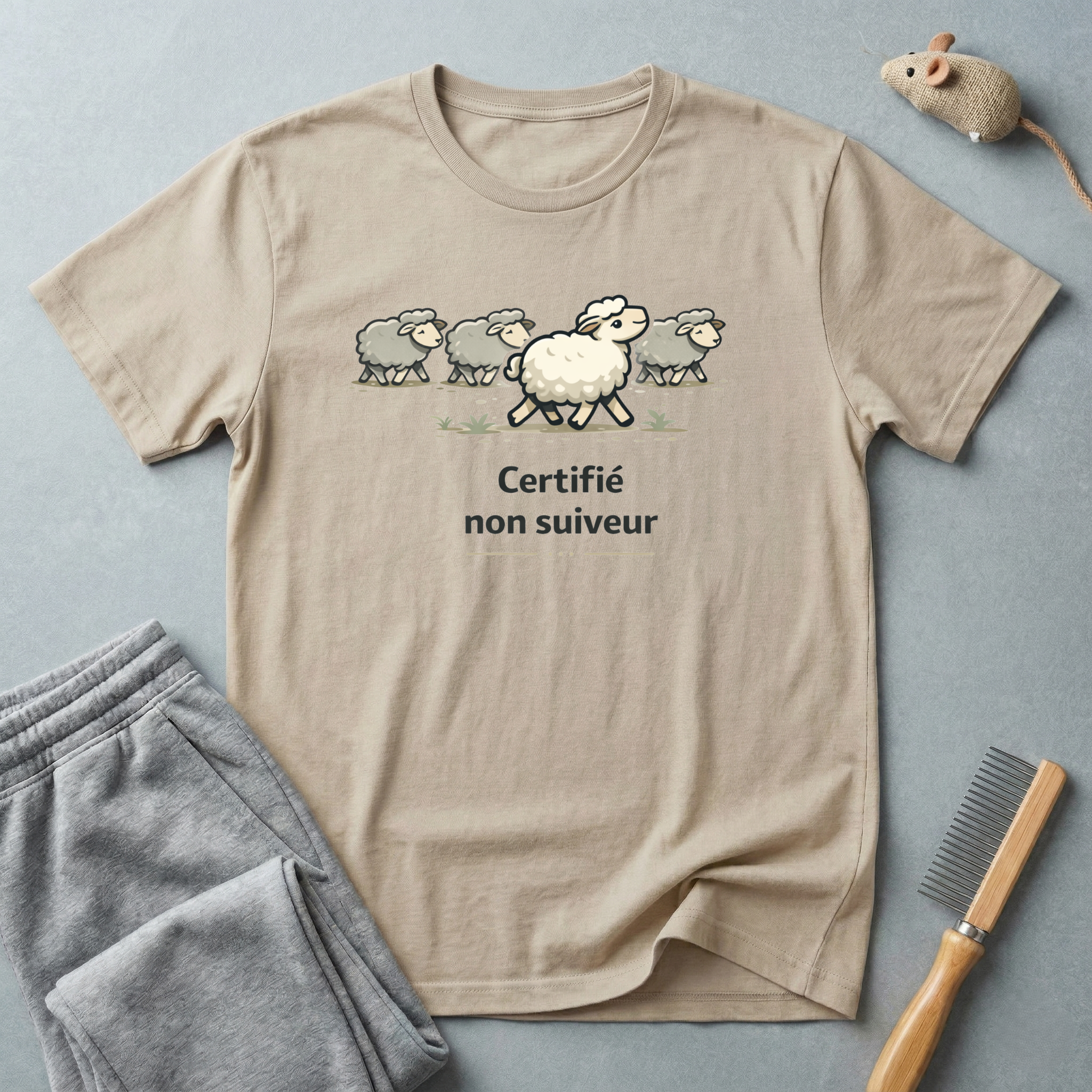 T-shirt illustration humoristique de moutons — «Certifié non suiveur»