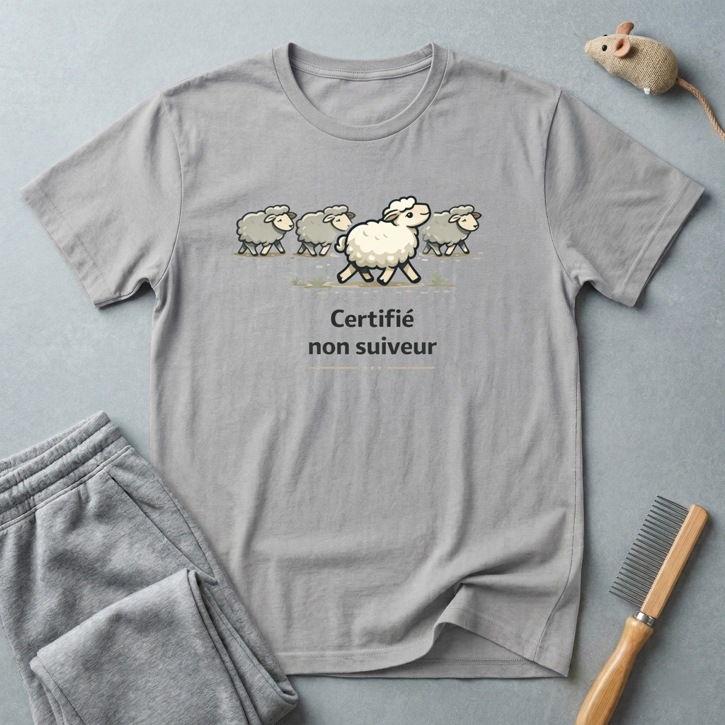 T-shirt illustration humoristique de moutons — «Certifié non suiveur»