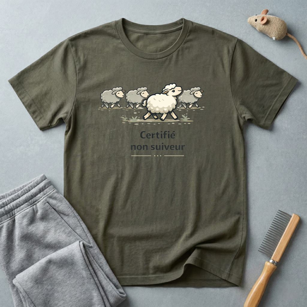 T-shirt illustration humoristique de moutons — «Certifié non suiveur»