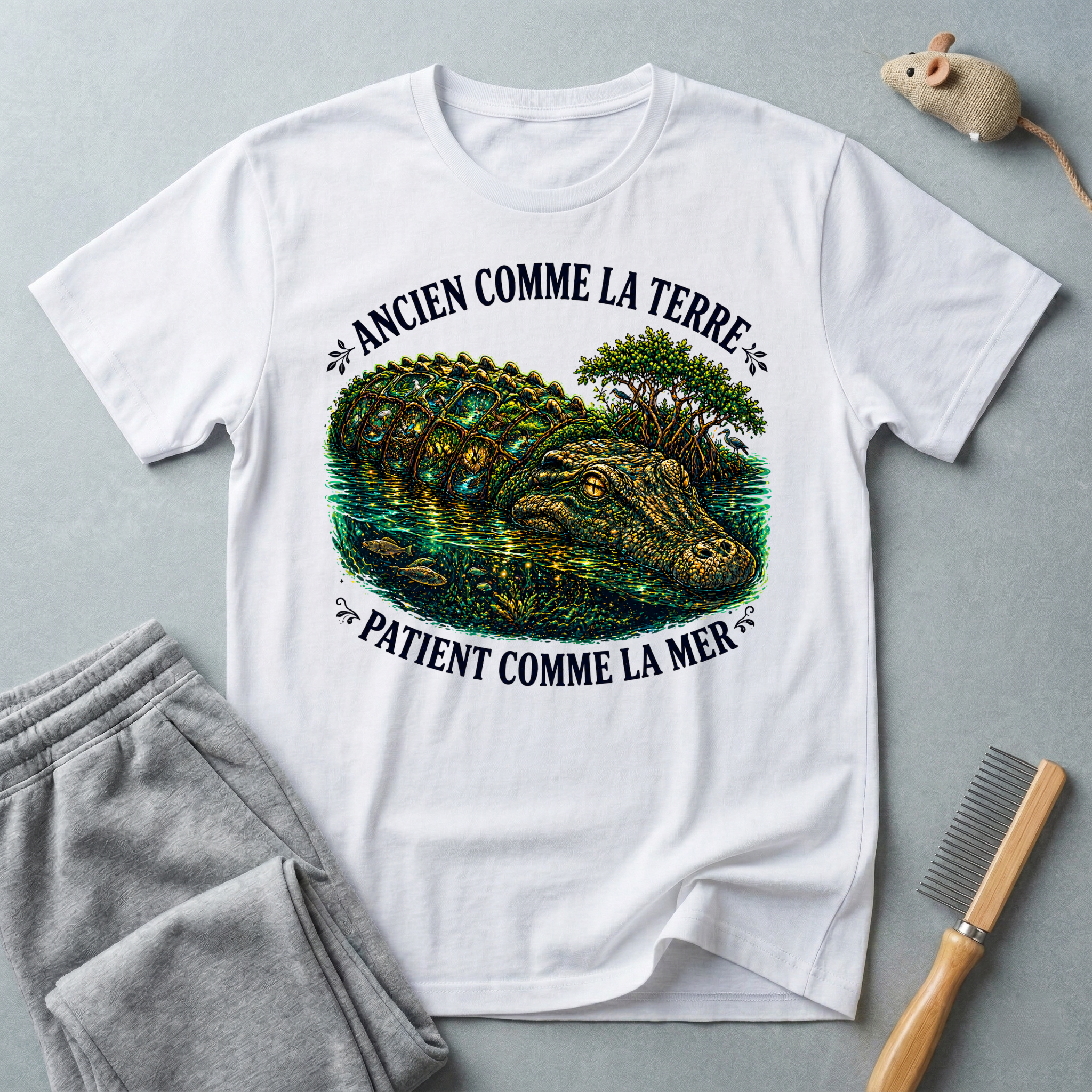 T-shirt illustration  crocodile «Ancienne comme la Terre, Patient comme la Mer»