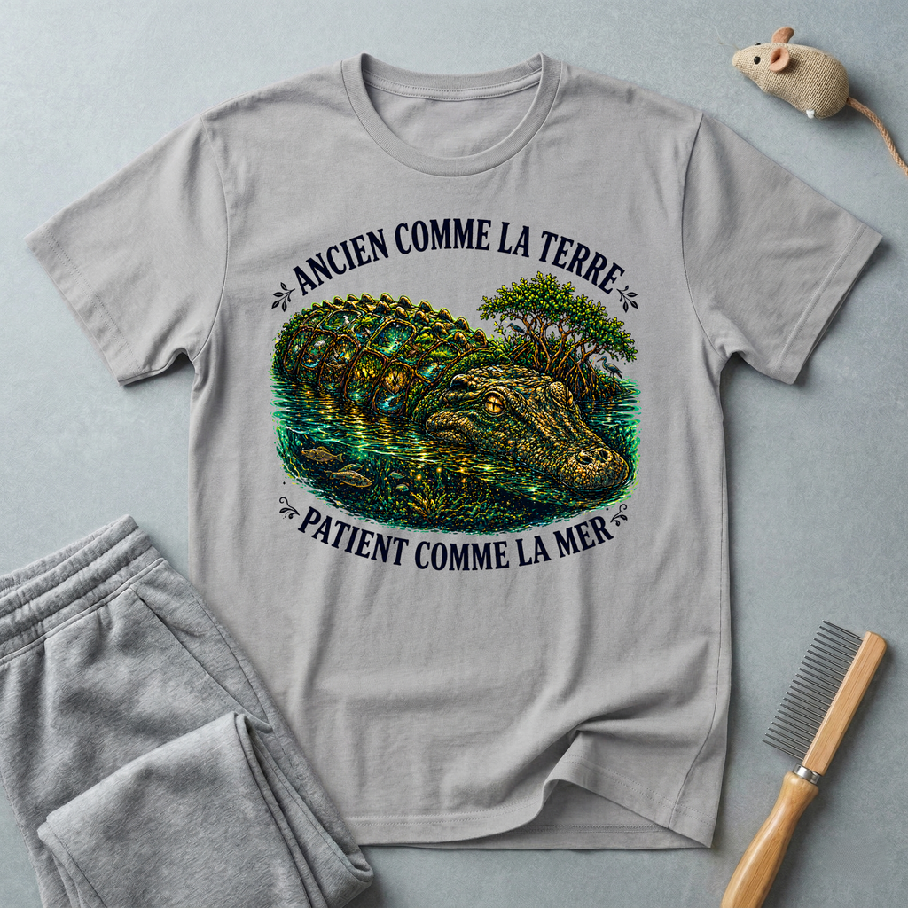T-shirt illustration  crocodile «Ancienne comme la Terre, Patient comme la Mer»