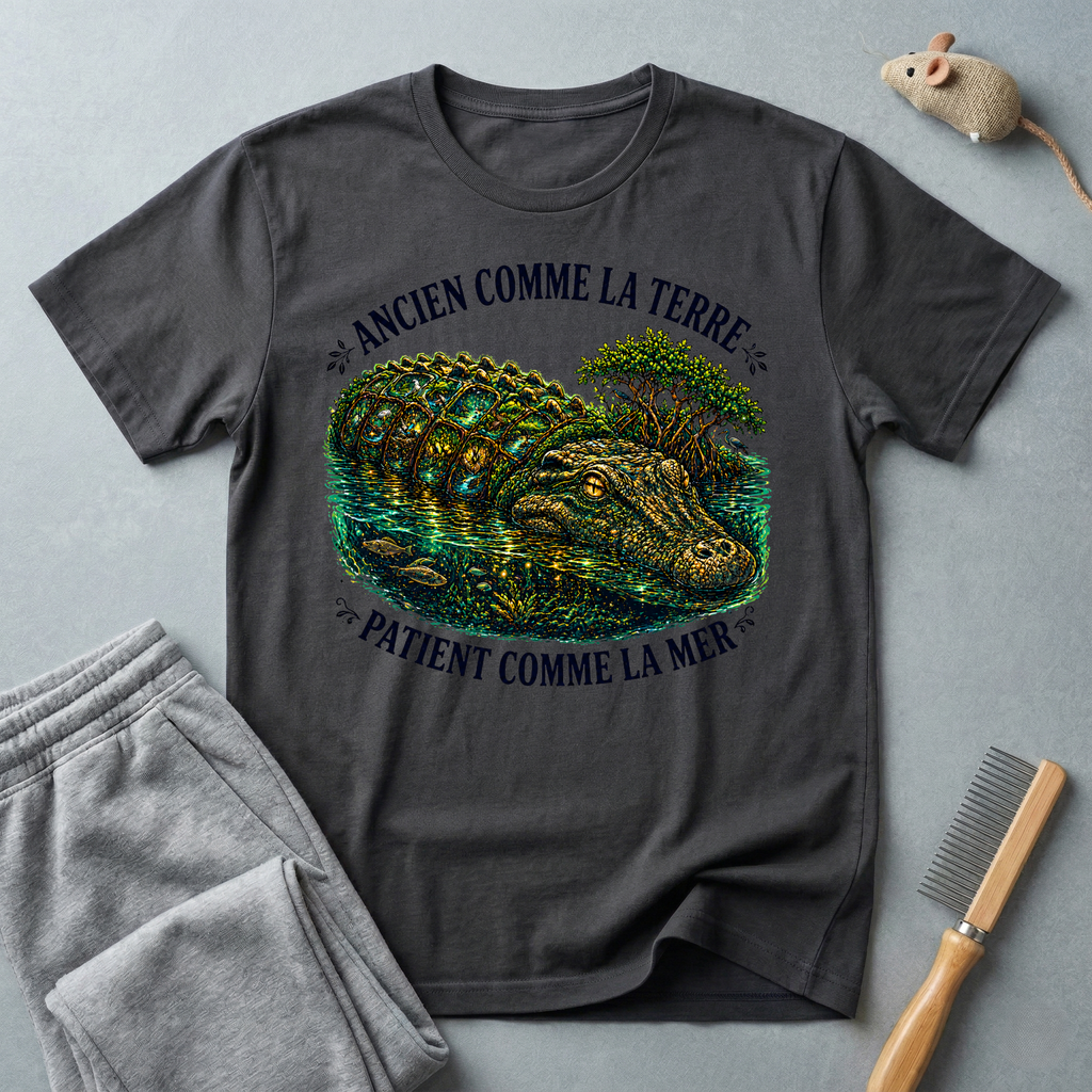 T-shirt illustration  crocodile «Ancienne comme la Terre, Patient comme la Mer»