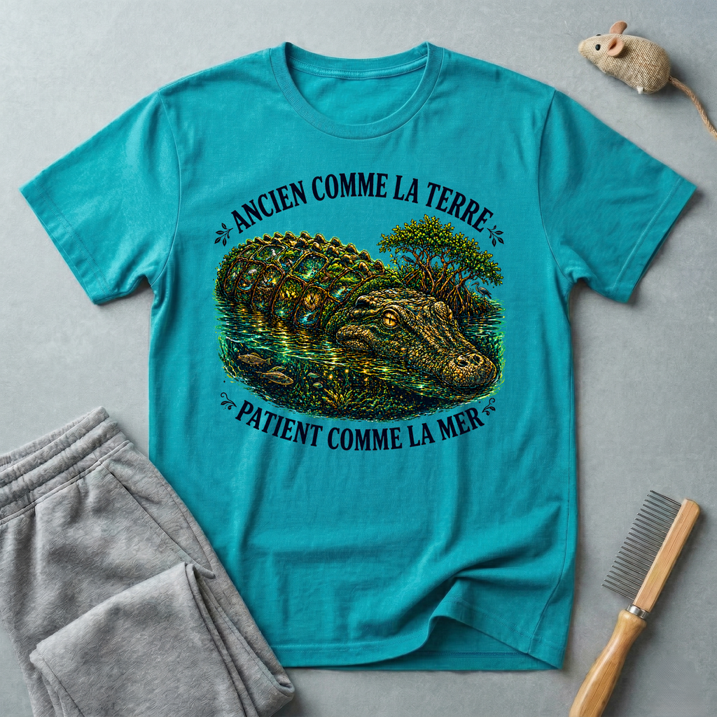 T-shirt illustration  crocodile «Ancienne comme la Terre, Patient comme la Mer»