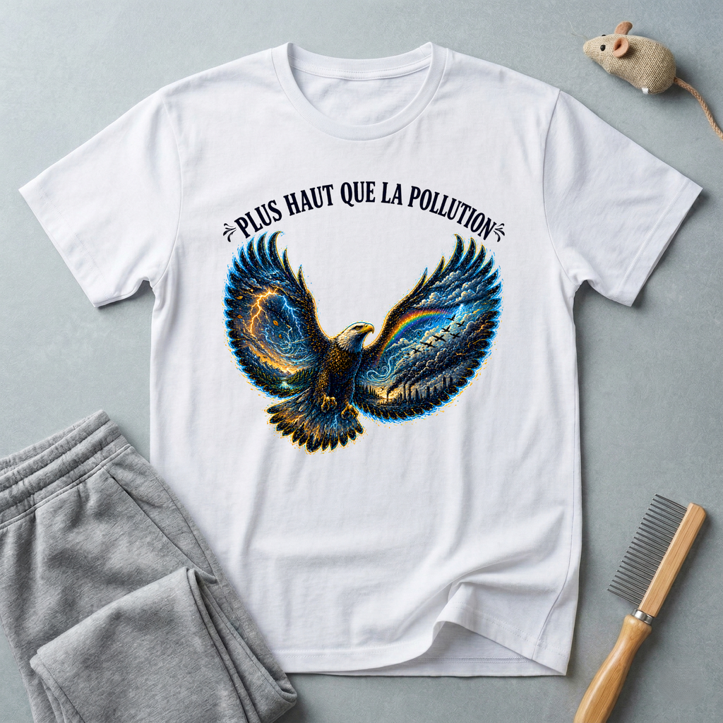 T-shirt illustration graphique d’aigle en plein vol — «Plus Haut Que La Pollution»