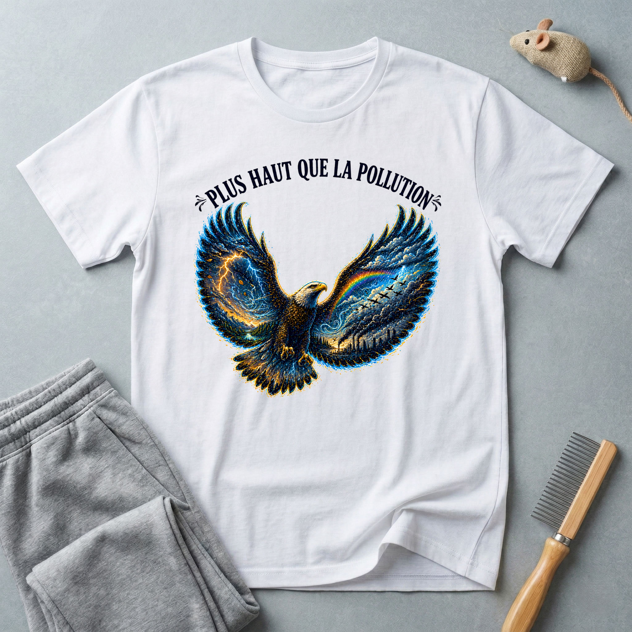 T-shirt illustration graphique d’aigle en plein vol — «Plus Haut Que La Pollution»