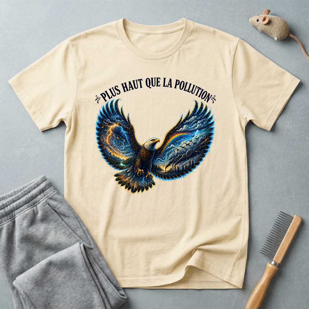 T-shirt illustration graphique d’aigle en plein vol — «Plus Haut Que La Pollution»