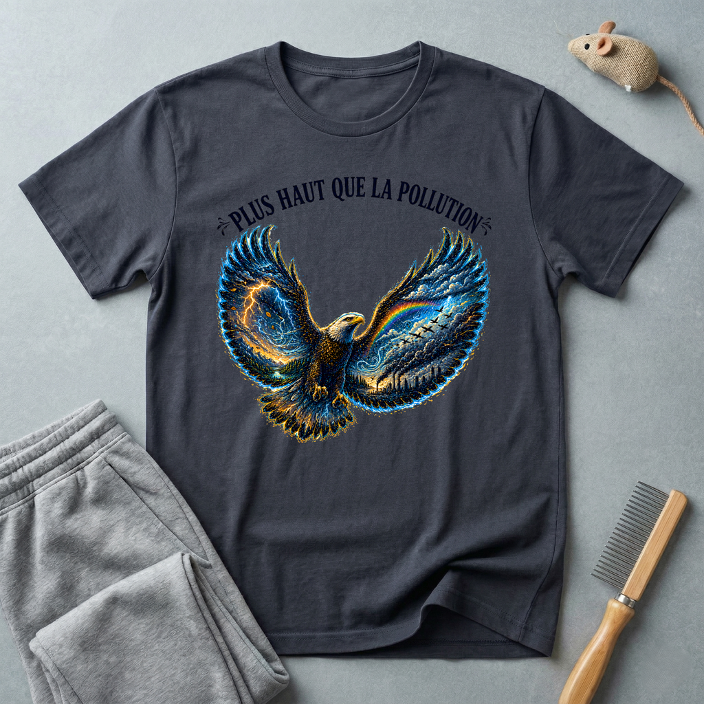 T-shirt illustration graphique d’aigle en plein vol — «Plus Haut Que La Pollution»