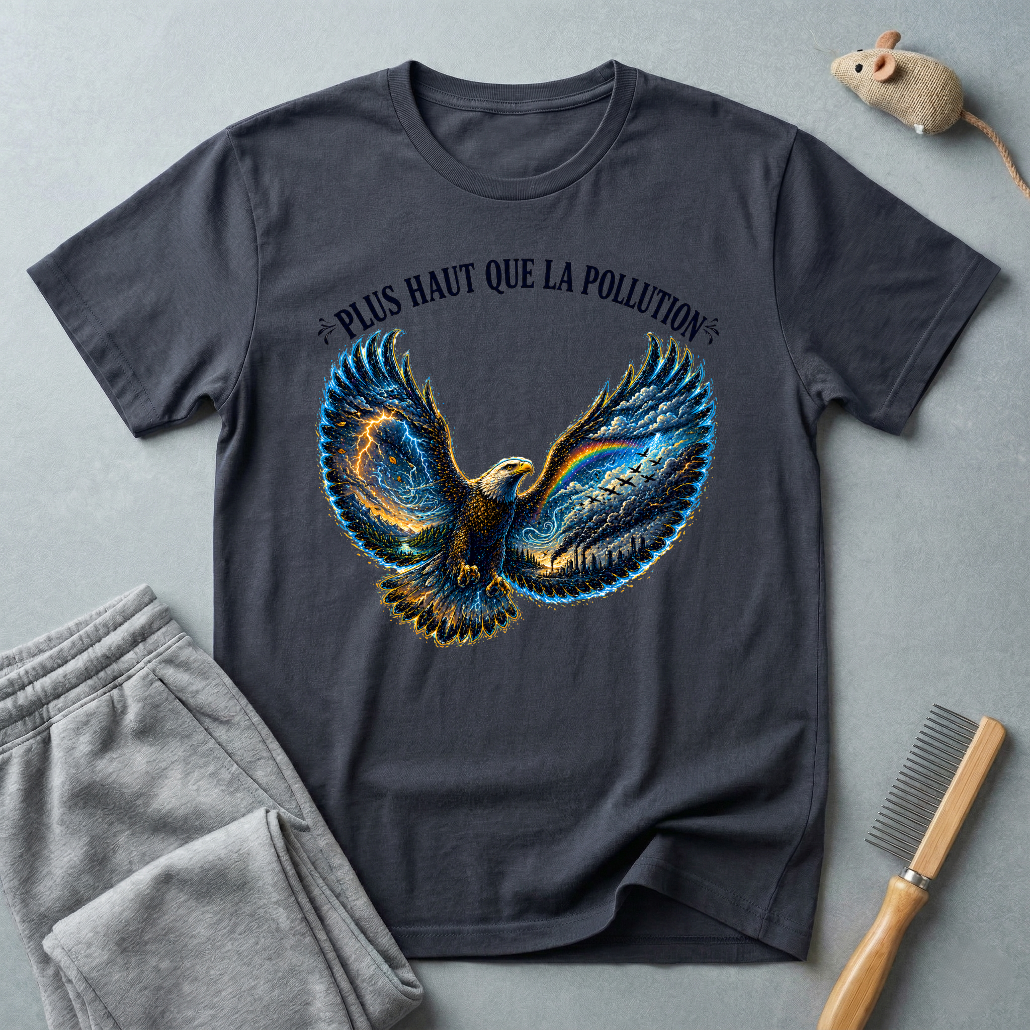T-shirt illustration graphique d’aigle en plein vol — «Plus Haut Que La Pollution»