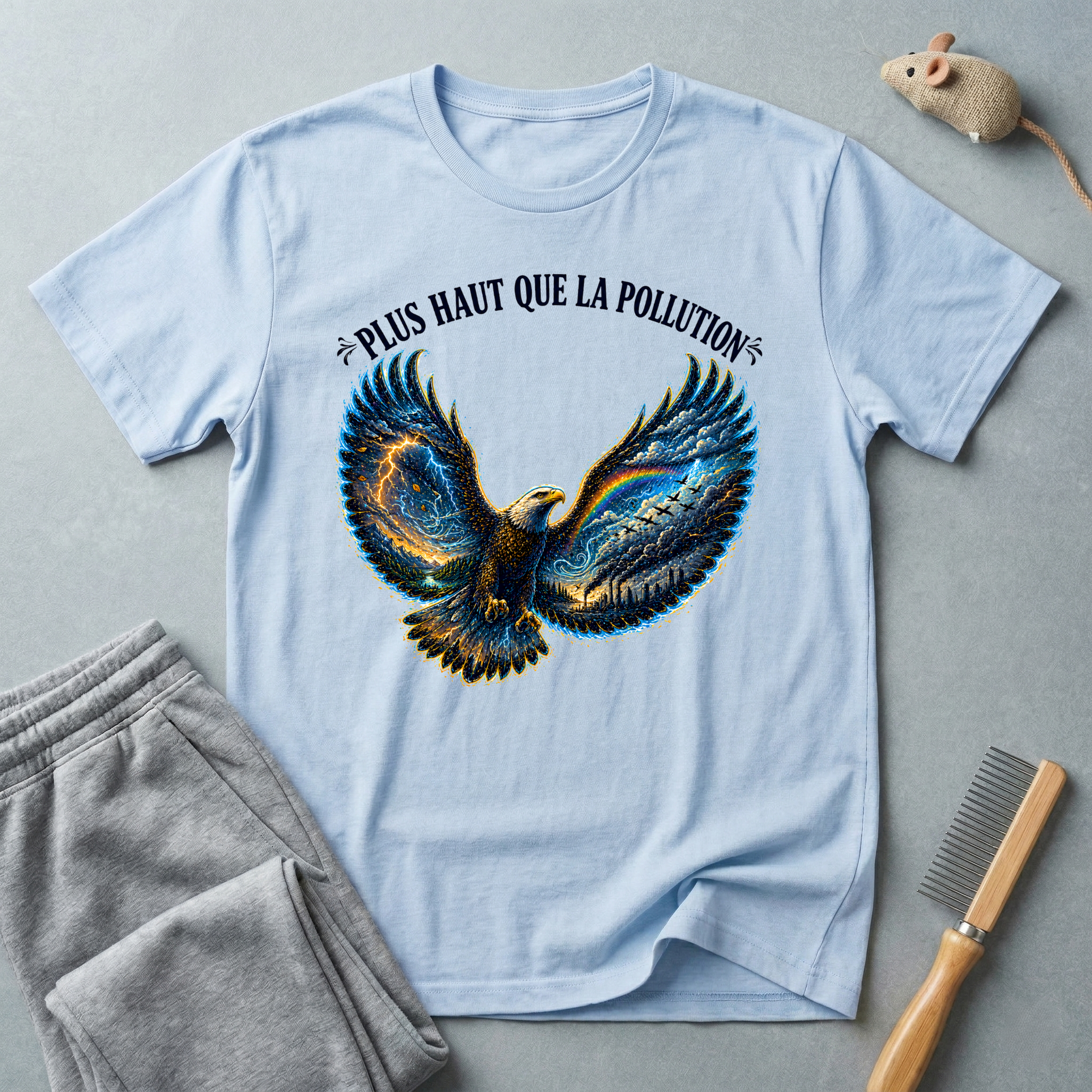 T-shirt illustration graphique d’aigle en plein vol — «Plus Haut Que La Pollution»
