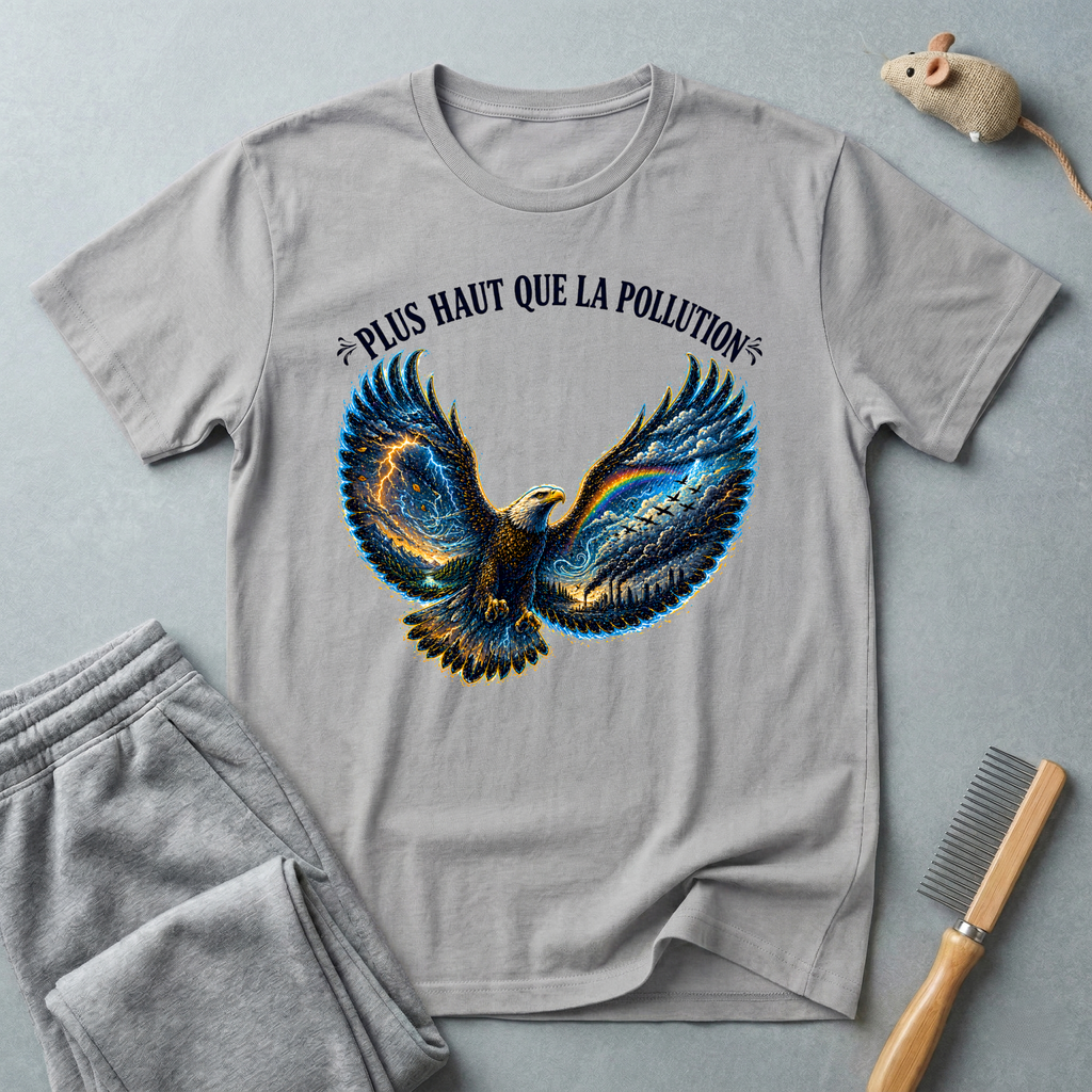 T-shirt illustration graphique d’aigle en plein vol — «Plus Haut Que La Pollution»