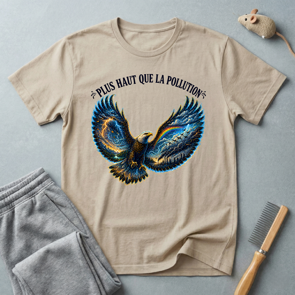 T-shirt illustration graphique d’aigle en plein vol — «Plus Haut Que La Pollution»