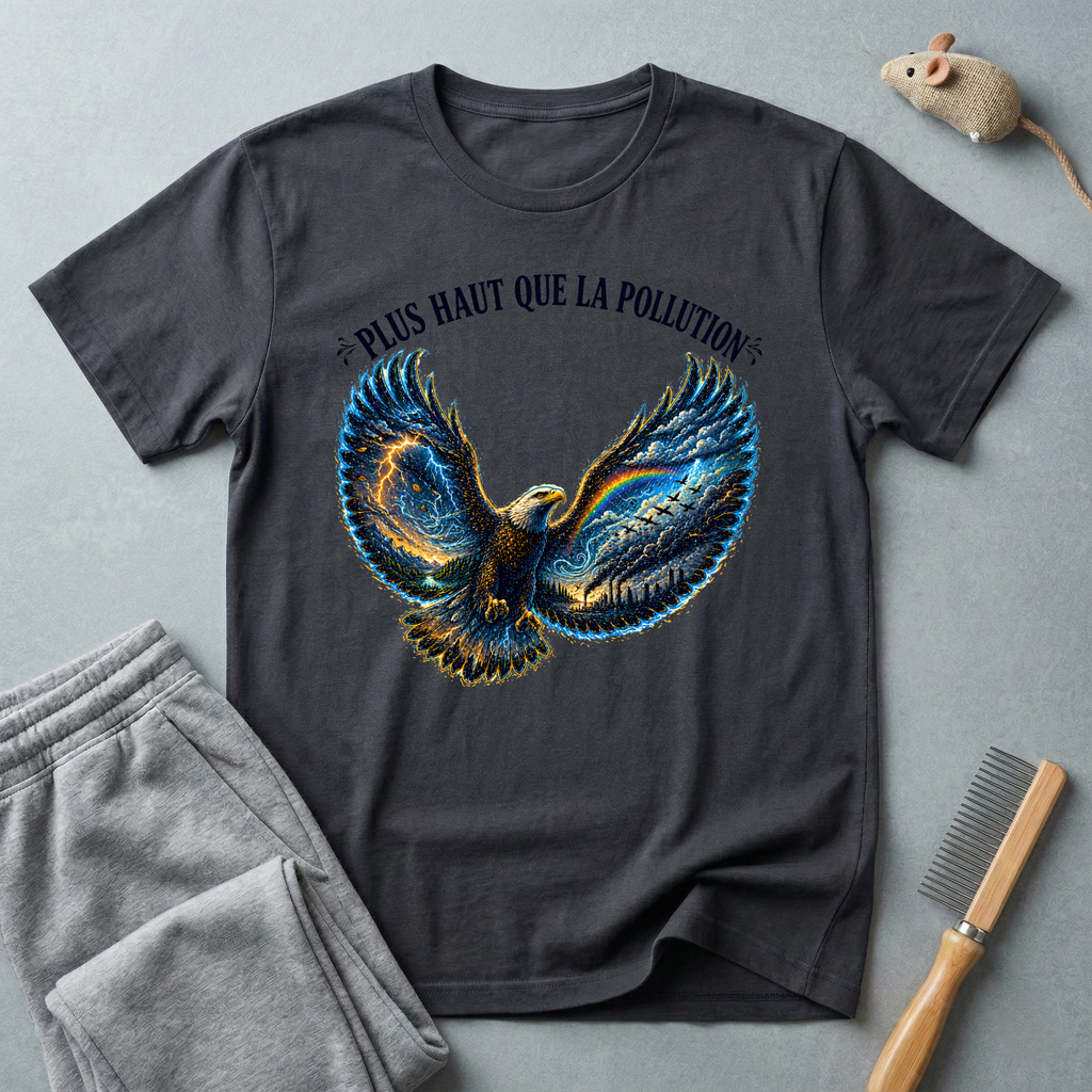 T-shirt illustration graphique d’aigle en plein vol — «Plus Haut Que La Pollution»