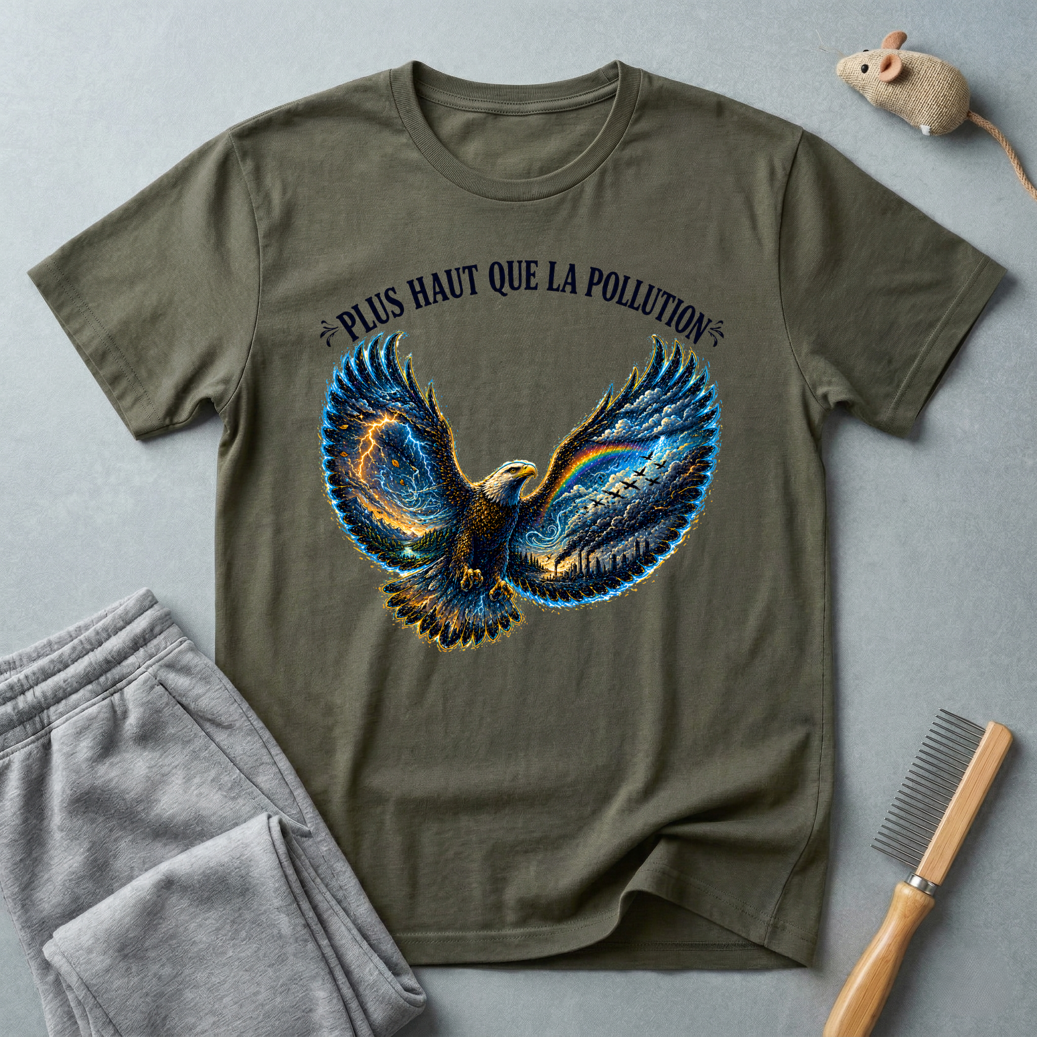 T-shirt illustration graphique d’aigle en plein vol — «Plus Haut Que La Pollution»