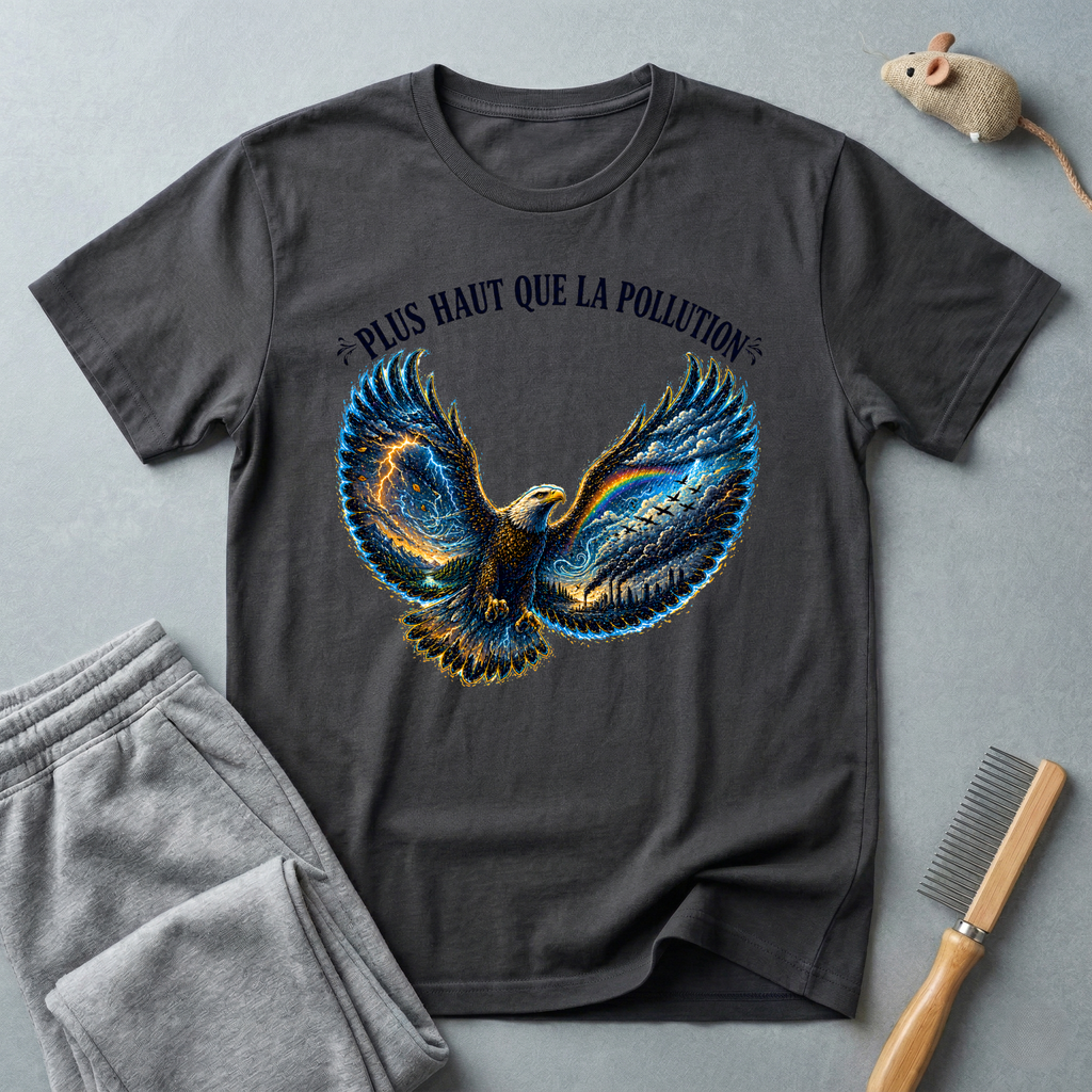 T-shirt illustration graphique d’aigle en plein vol — «Plus Haut Que La Pollution»