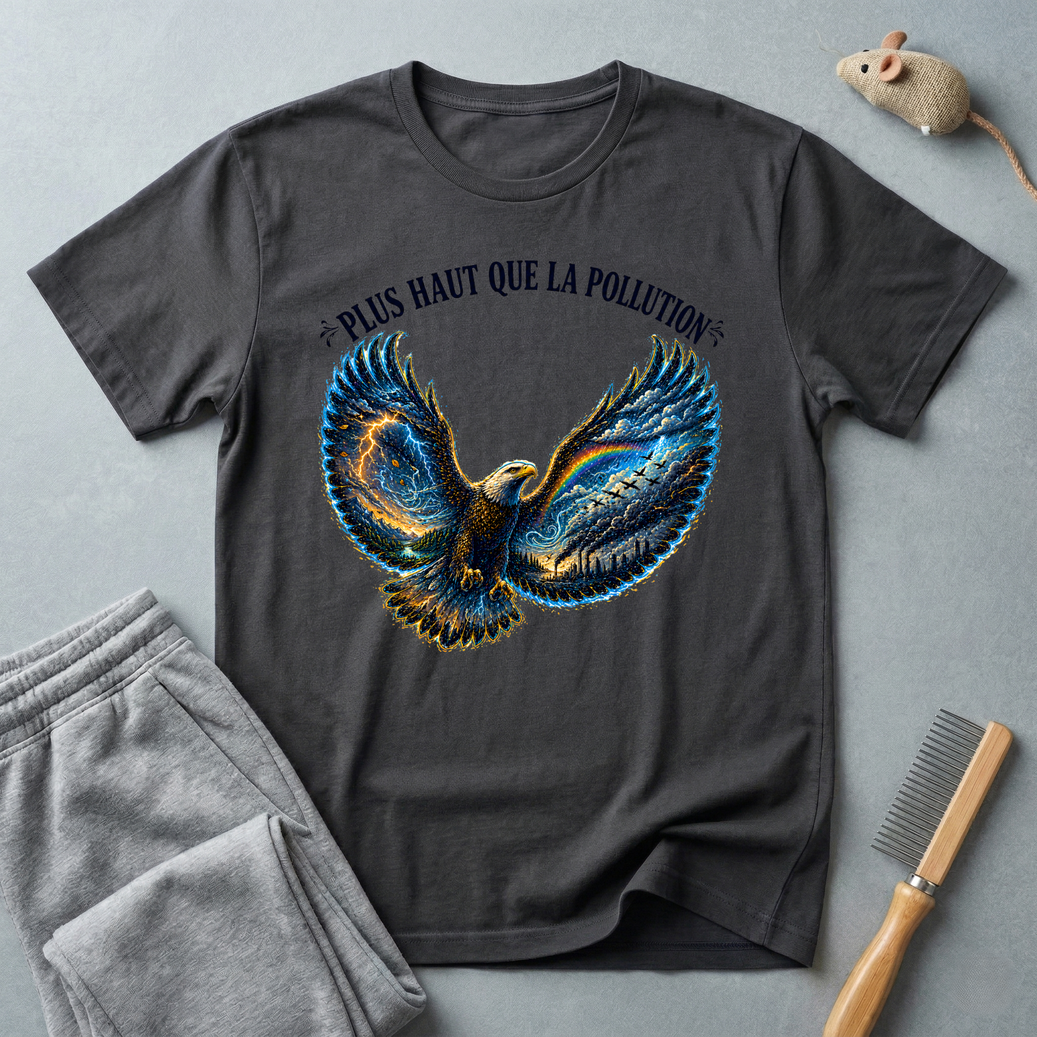 T-shirt illustration graphique d’aigle en plein vol — «Plus Haut Que La Pollution»