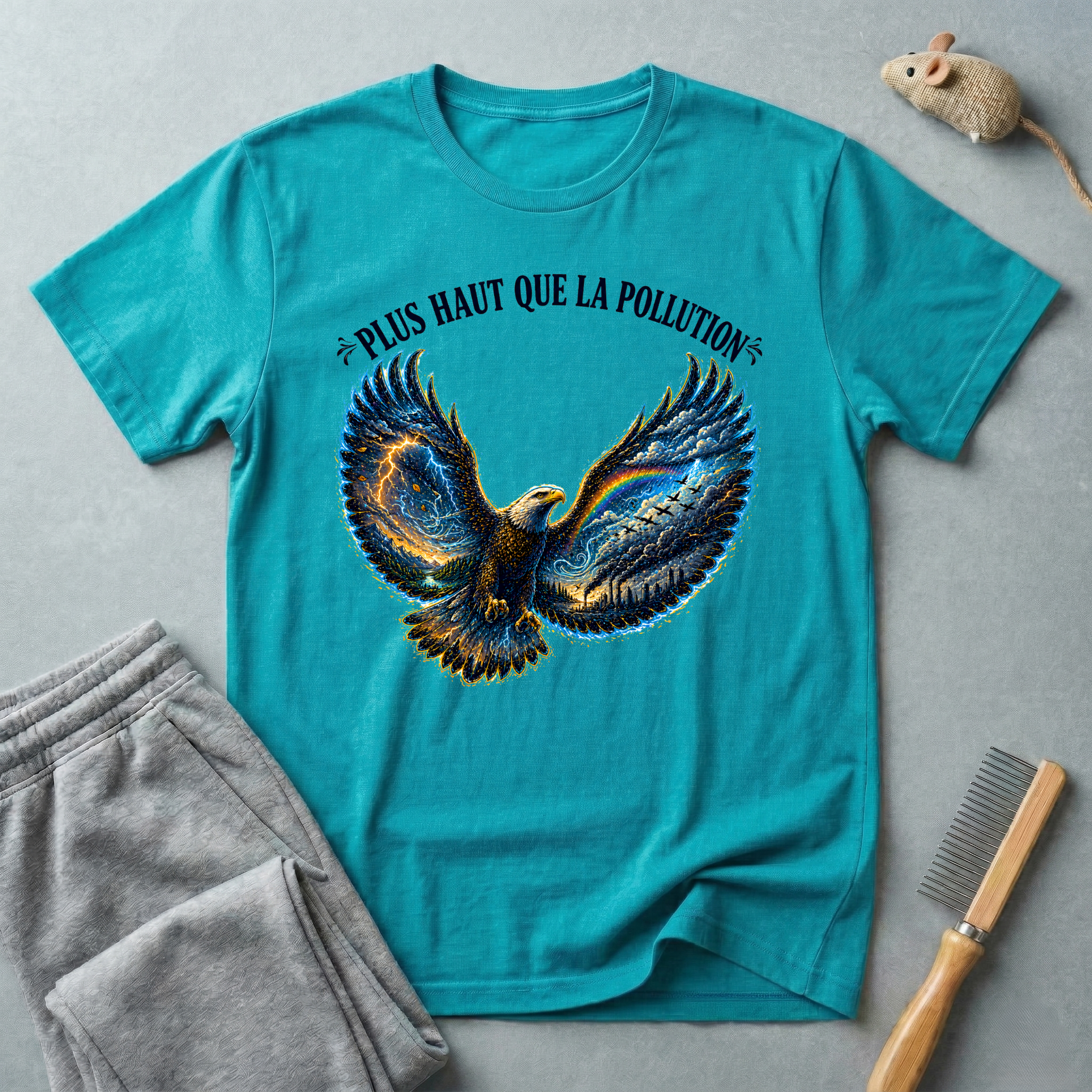T-shirt illustration graphique d’aigle en plein vol — «Plus Haut Que La Pollution»