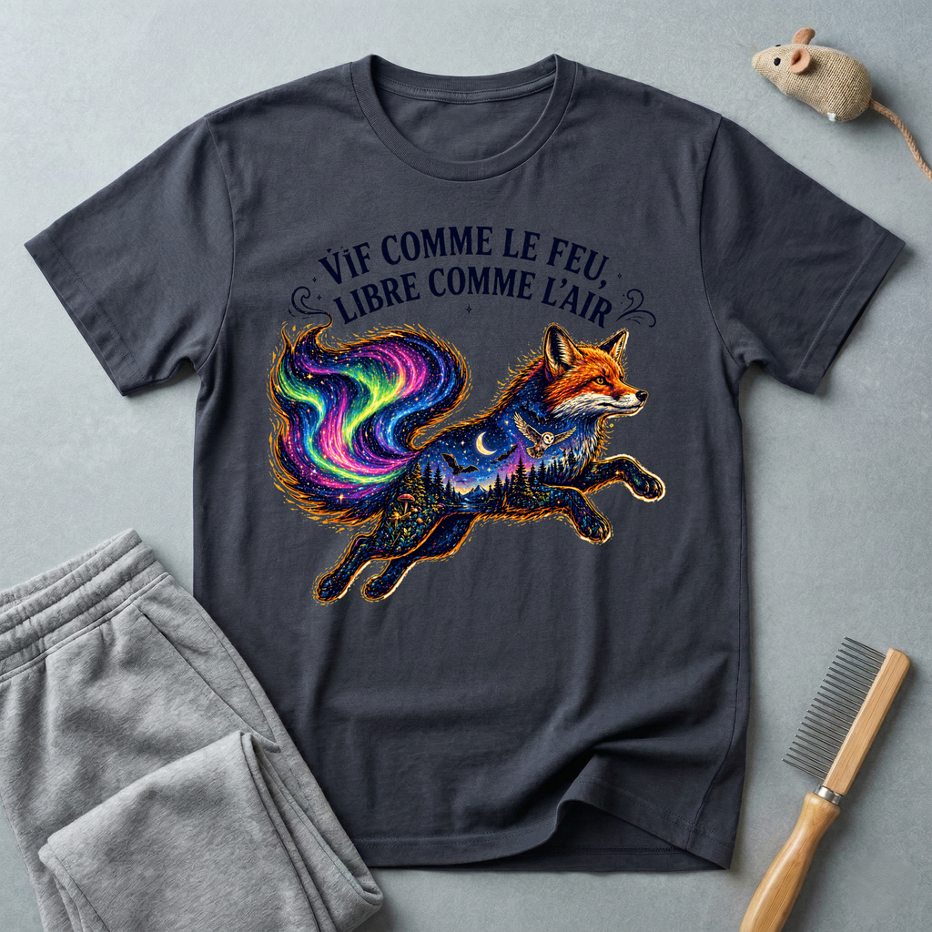 T-shirt illustration mystique colorée de renard — «Vif comme le feu, libre comme l’air»