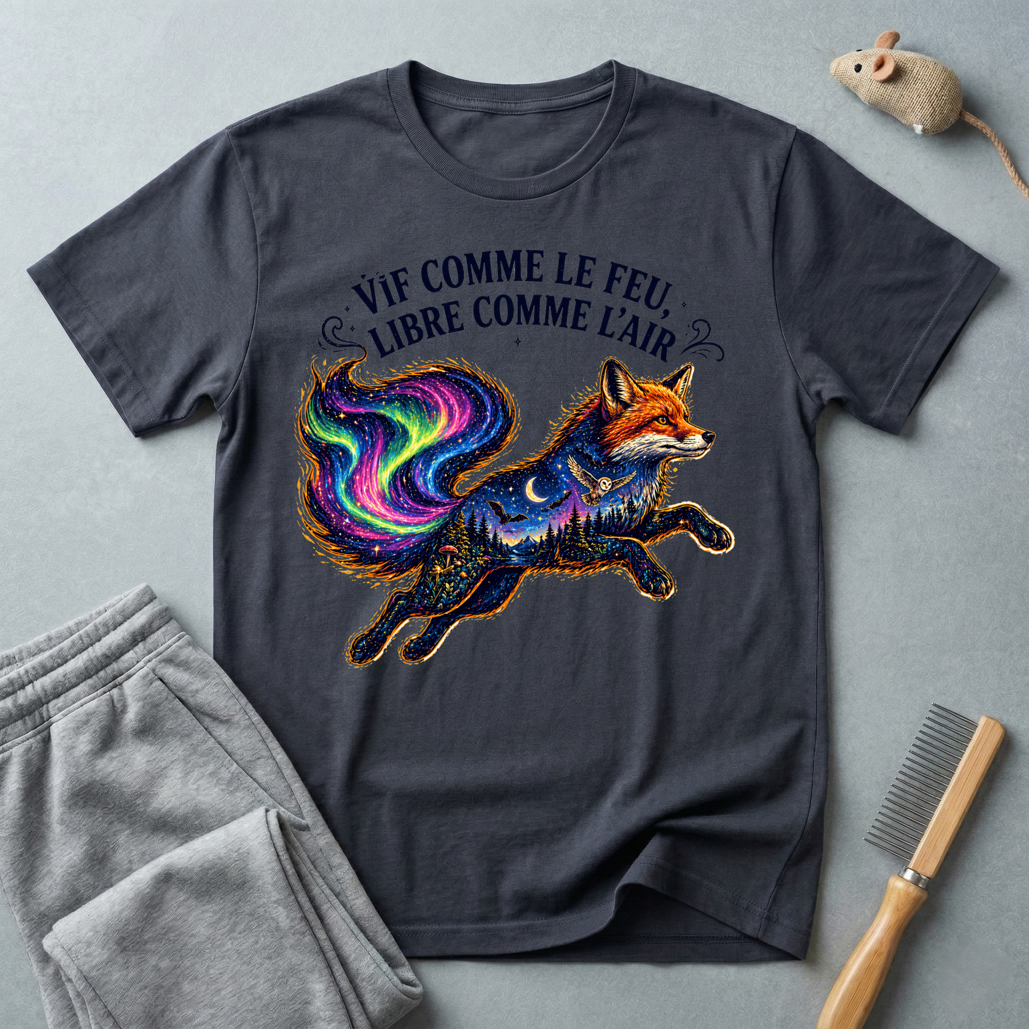 T-shirt illustration mystique colorée de renard — «Vif comme le feu, libre comme l’air»