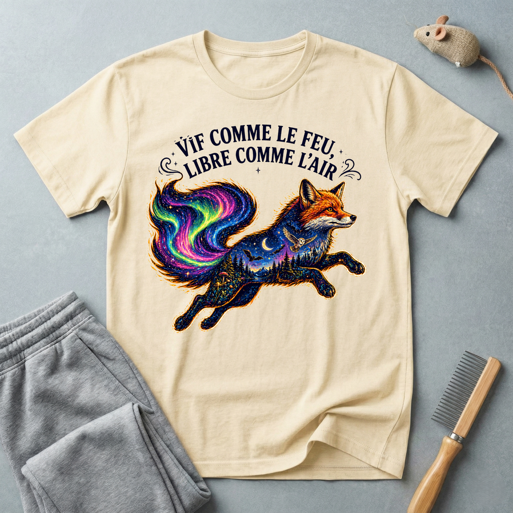 T-shirt illustration mystique colorée de renard — «Vif comme le feu, libre comme l’air»