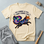 T-shirt illustration mystique colorée de renard — «Vif comme le feu, libre comme l’air»