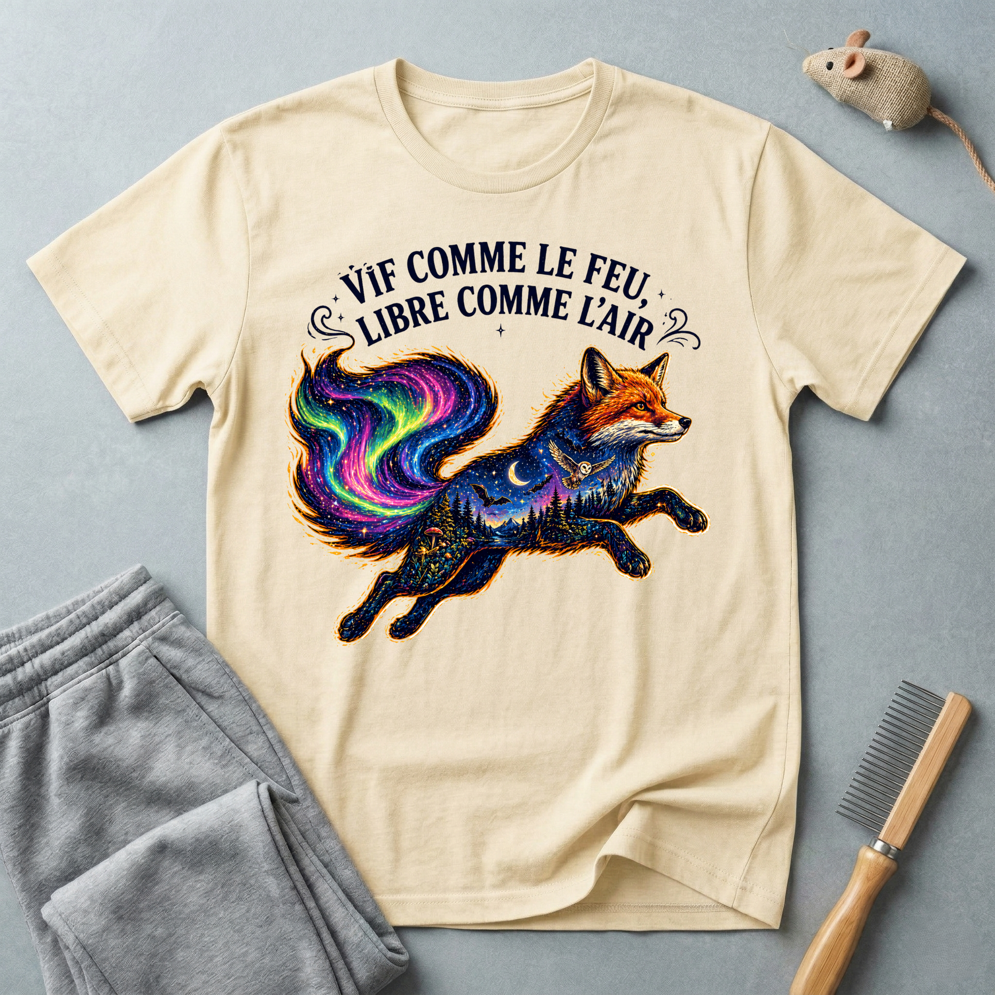 T-shirt illustration mystique colorée de renard — «Vif comme le feu, libre comme l’air»