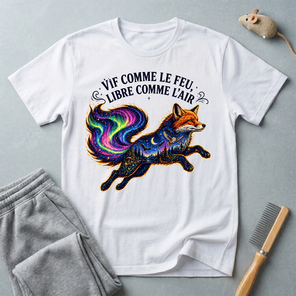 T-shirt illustration mystique colorée de renard — «Vif comme le feu, libre comme l’air»