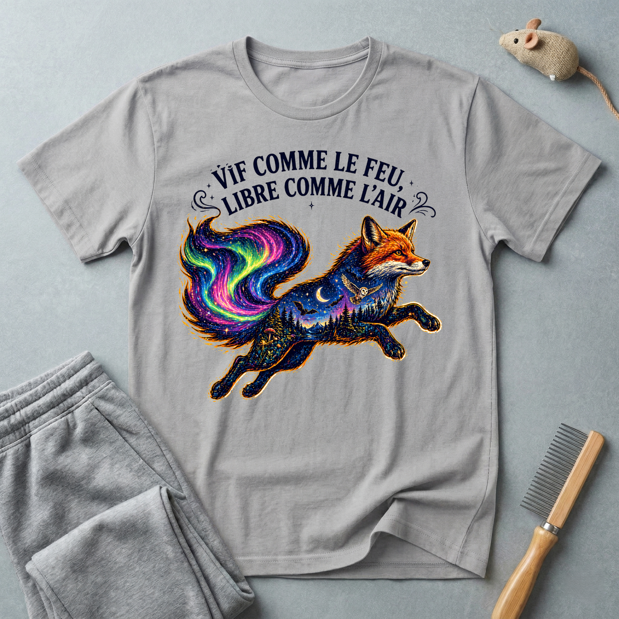 T-shirt illustration mystique colorée de renard — «Vif comme le feu, libre comme l’air»