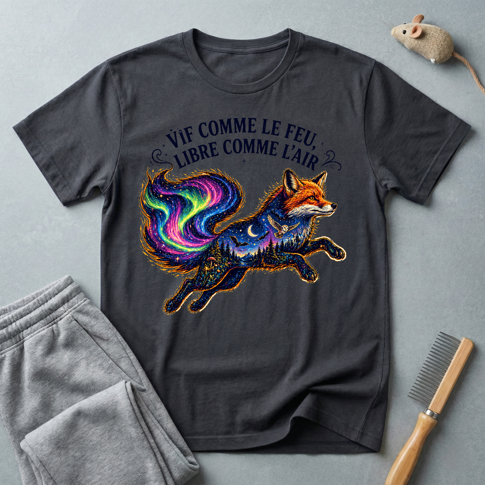 T-shirt illustration mystique colorée de renard — «Vif comme le feu, libre comme l’air»