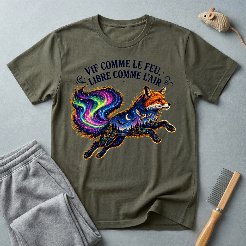 T-shirt illustration mystique colorée de renard — «Vif comme le feu, libre comme l’air»