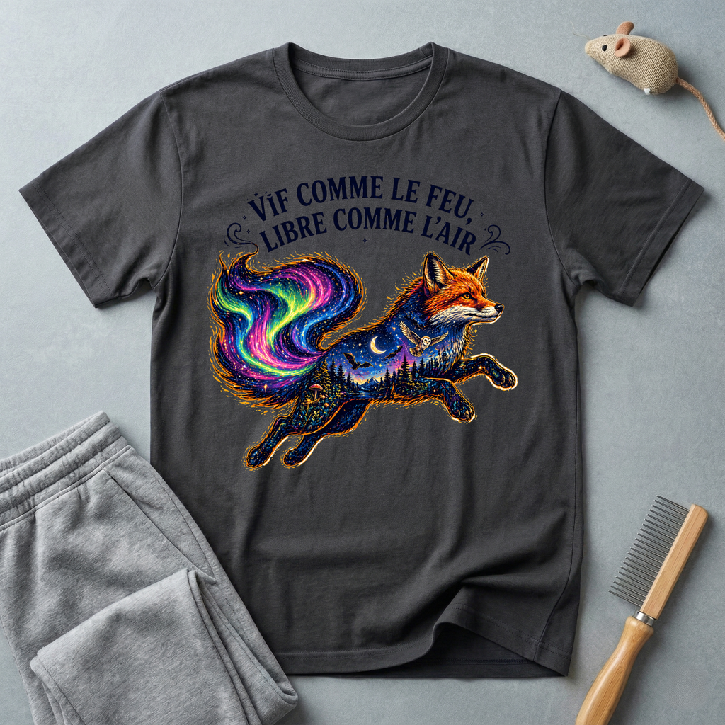 T-shirt illustration mystique colorée de renard — «Vif comme le feu, libre comme l’air»